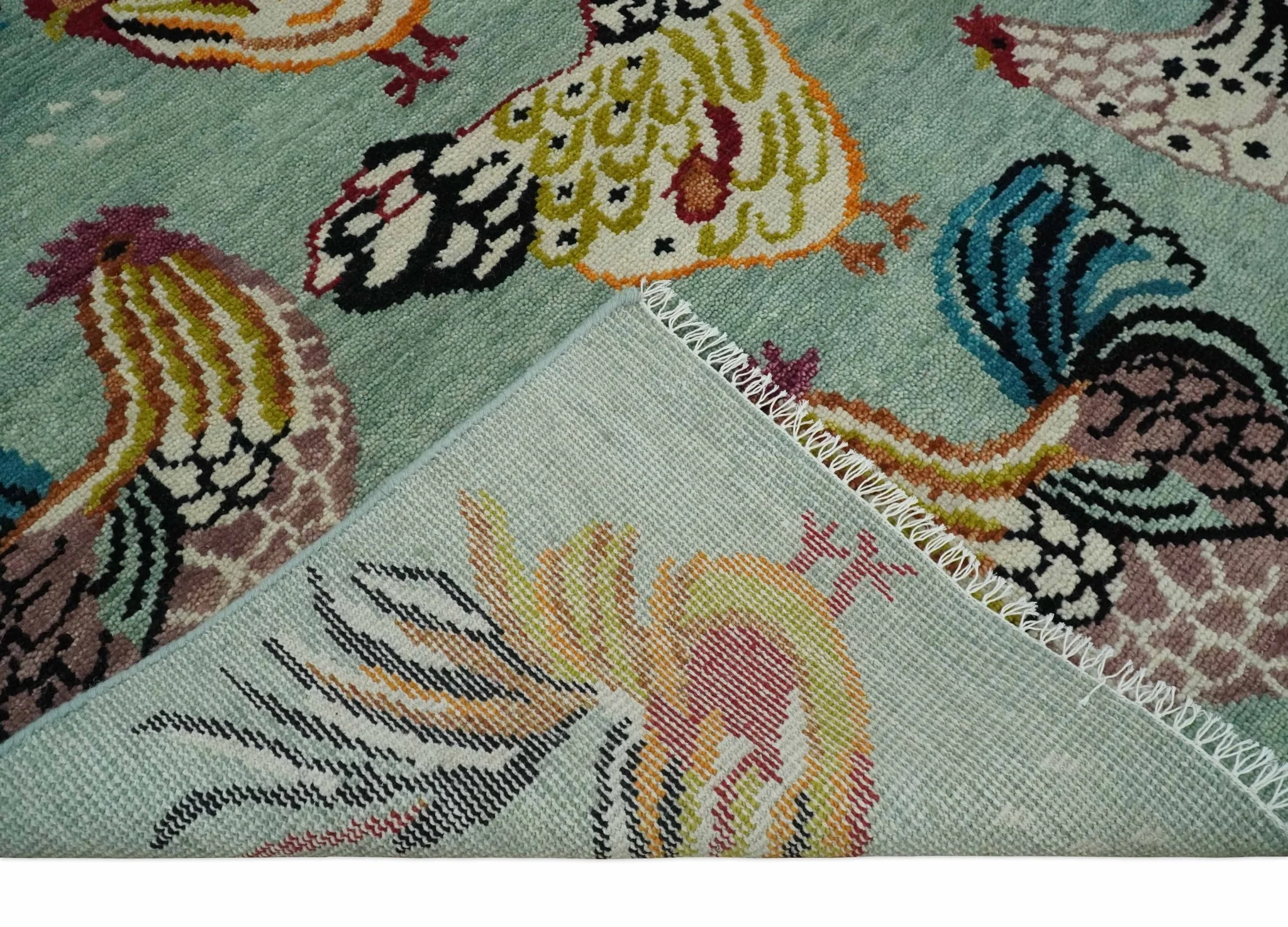 Vibrant Colorful Beautiful Chicken Bird Sage, Ivory, Gold and Brown Hand Knotted Multi Size Wool Area Rug - Image 7