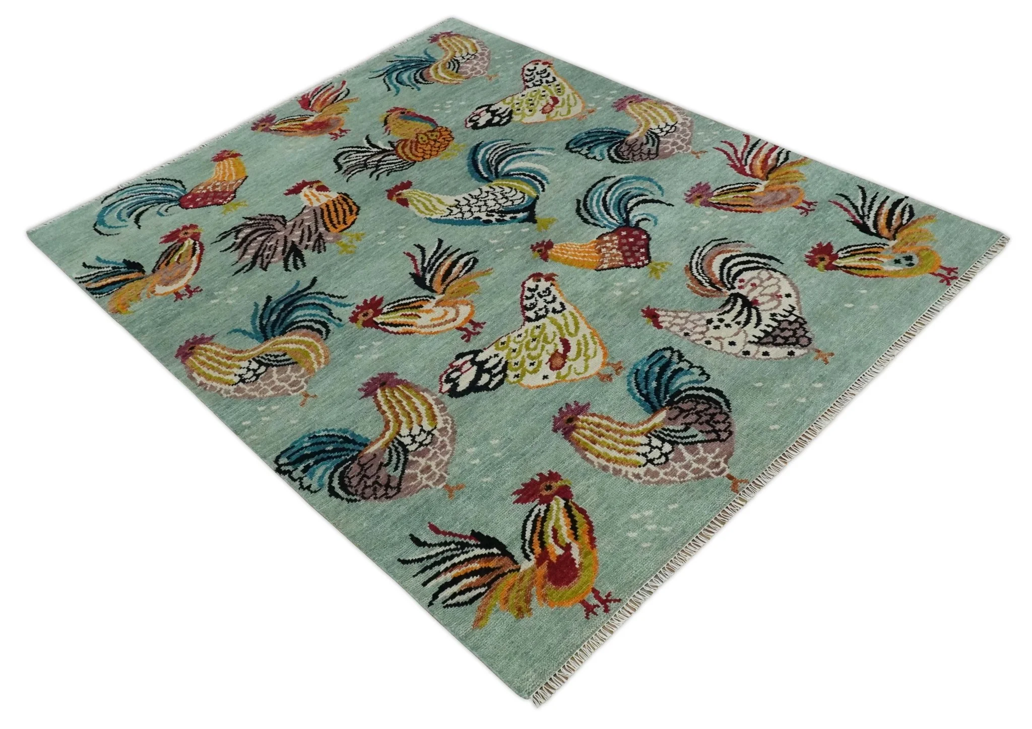 Vibrant Colorful Beautiful Chicken Bird Sage, Ivory, Gold and Brown Hand Knotted Multi Size Wool Area Rug - Image 9