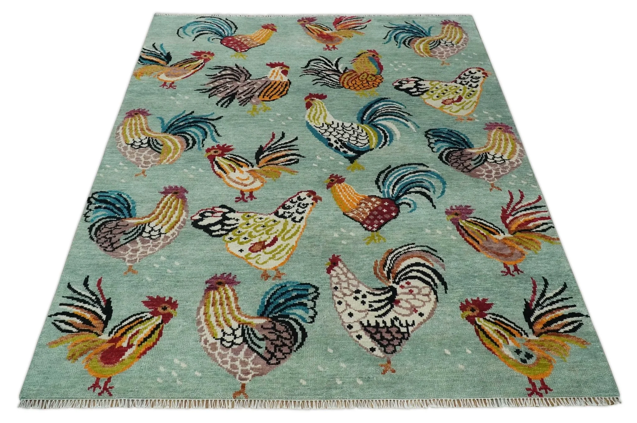 Vibrant Colorful Beautiful chicken Light Green, Ivory, Gold and Brown Hand Knotted 8x10 Wool Area Rug - Image 10