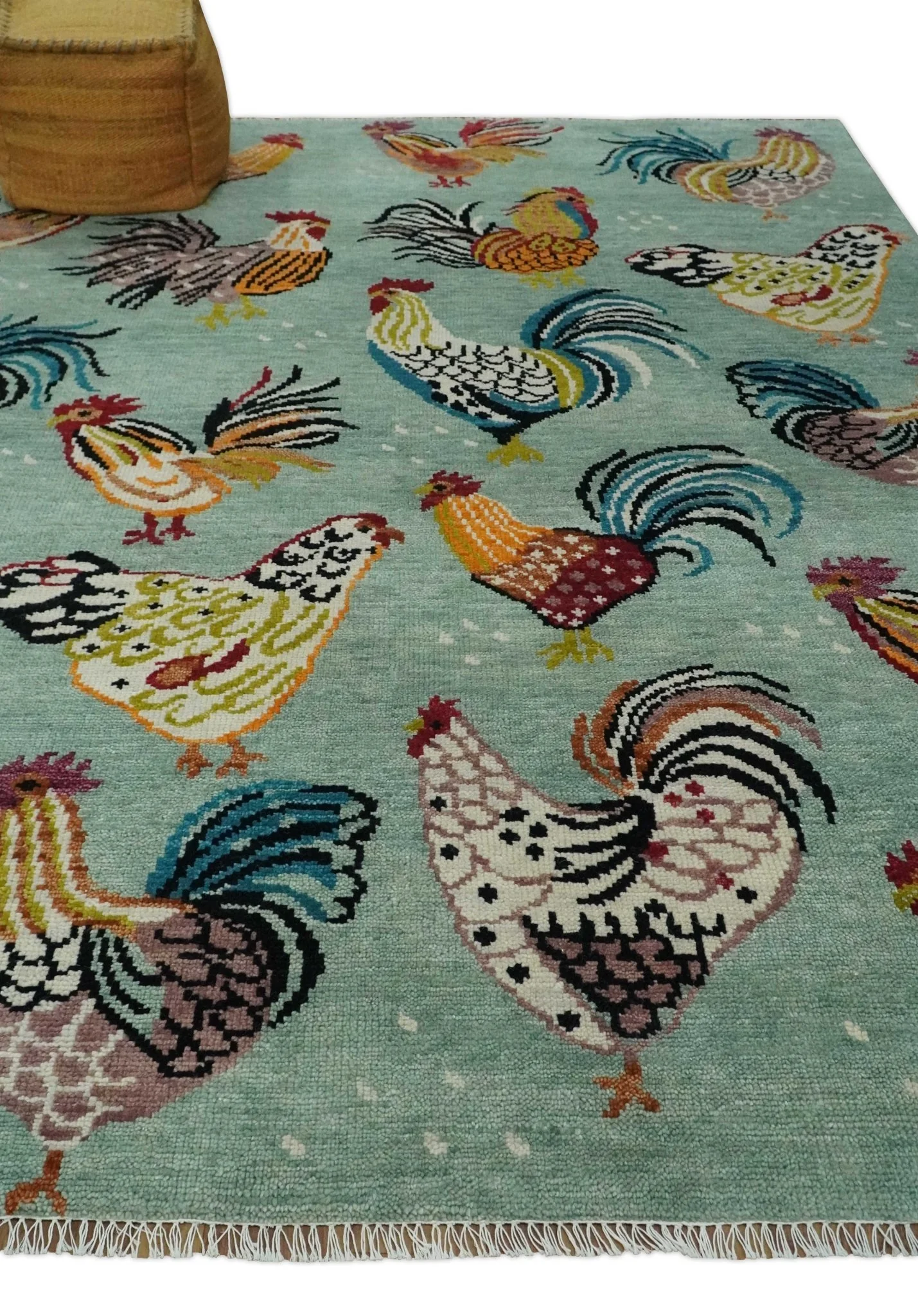 Vibrant Colorful Beautiful chicken Light Green, Ivory, Gold and Brown Hand Knotted 8x10 Wool Area Rug - Image 3