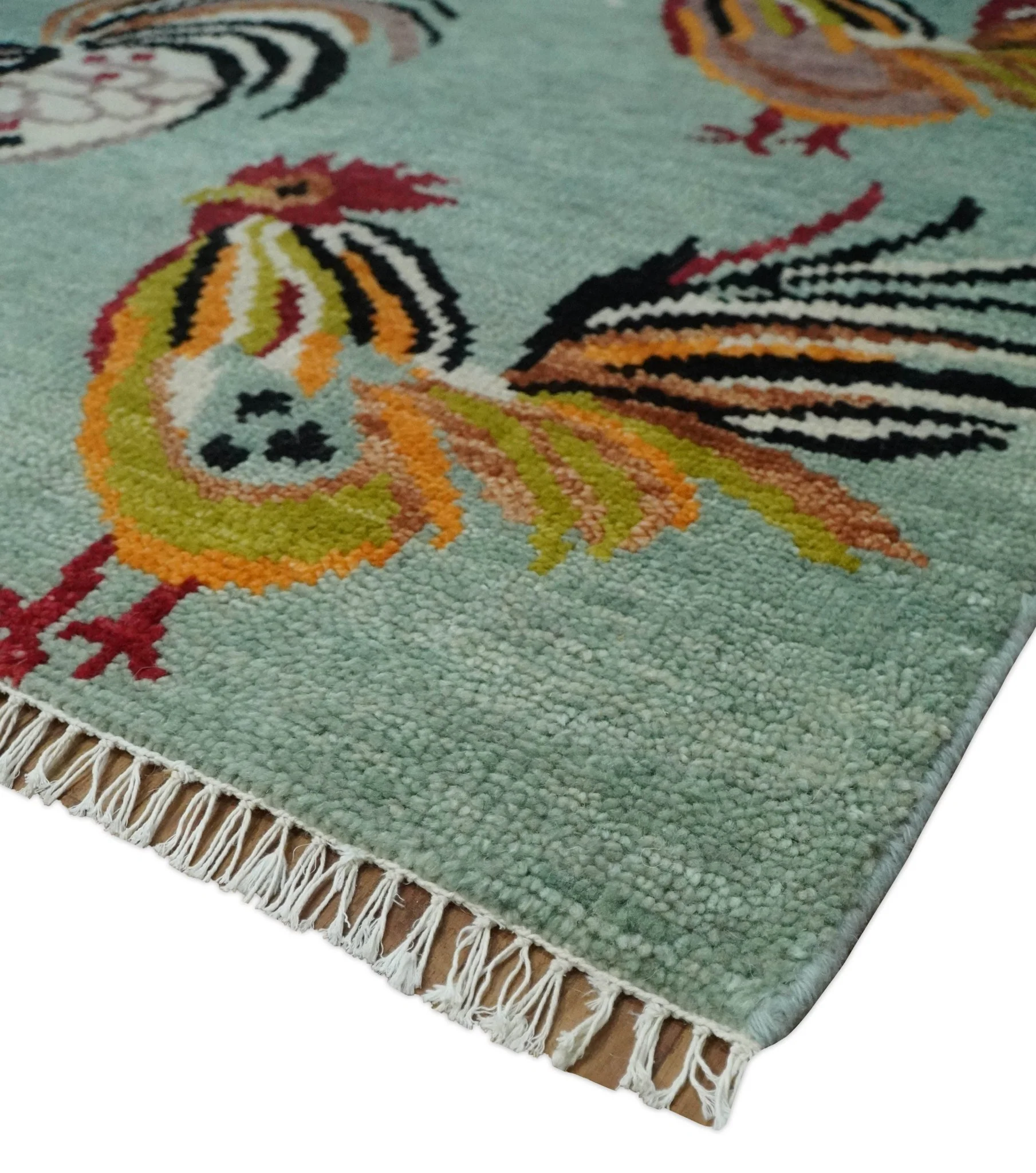 Vibrant Colorful Beautiful chicken Light Green, Ivory, Gold and Brown Hand Knotted 8x10 Wool Area Rug - Image 5