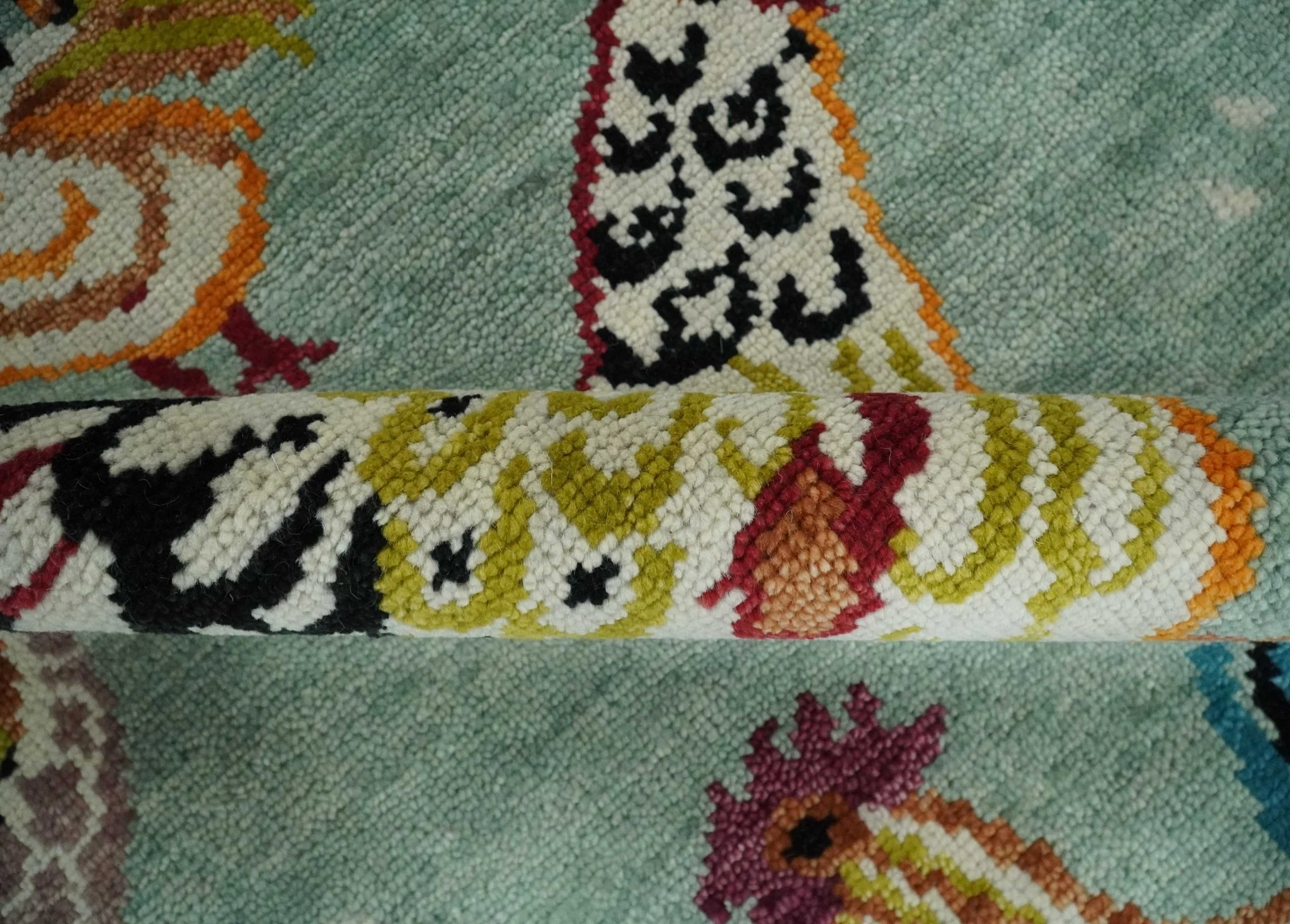 Vibrant Colorful Beautiful chicken Light Green, Ivory, Gold and Brown Hand Knotted 8x10 Wool Area Rug - Image 6