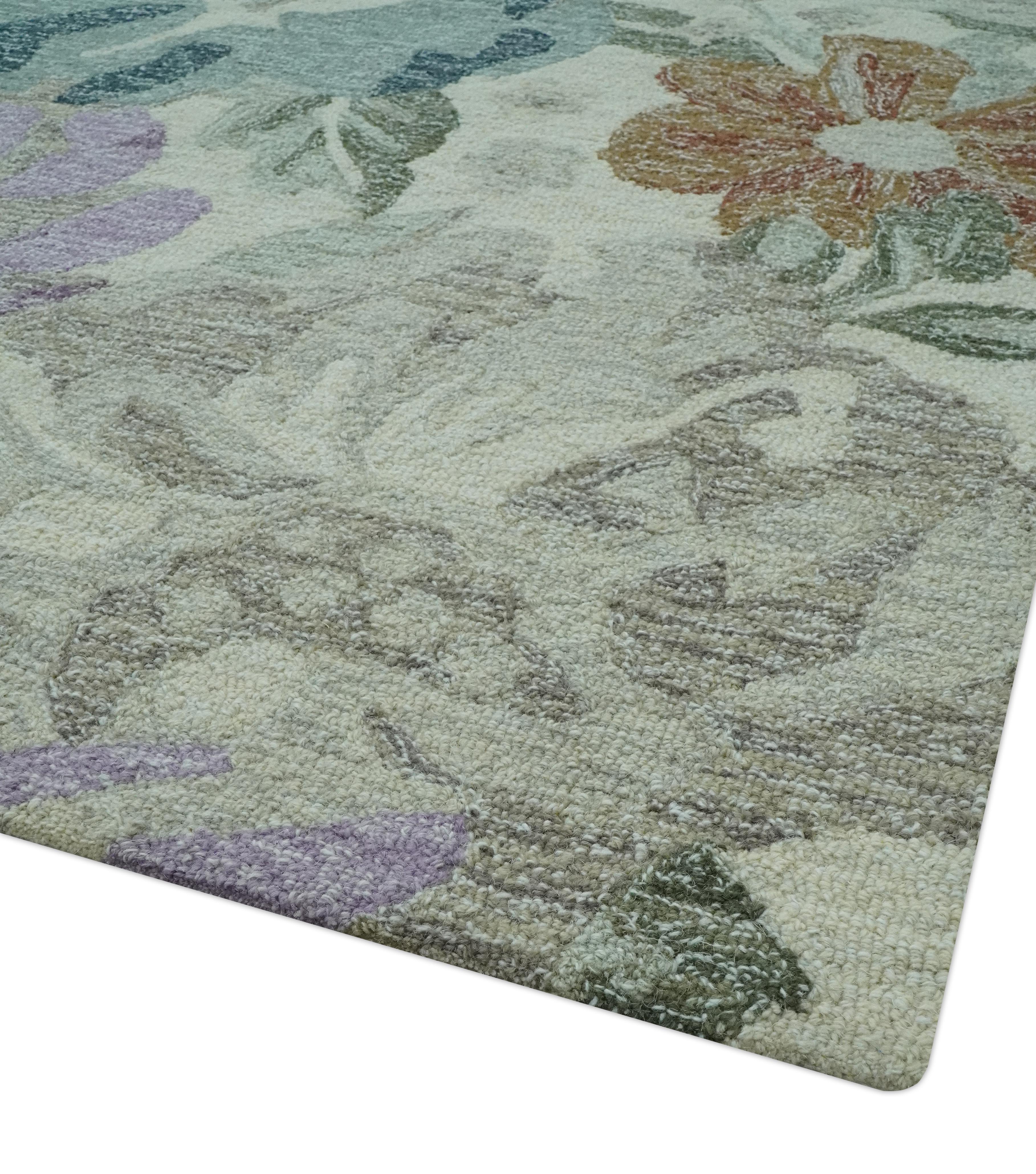 Ivory, Gray, Purple Flower Design Hand Tufted 8x10 wool Area Rug - Image 5