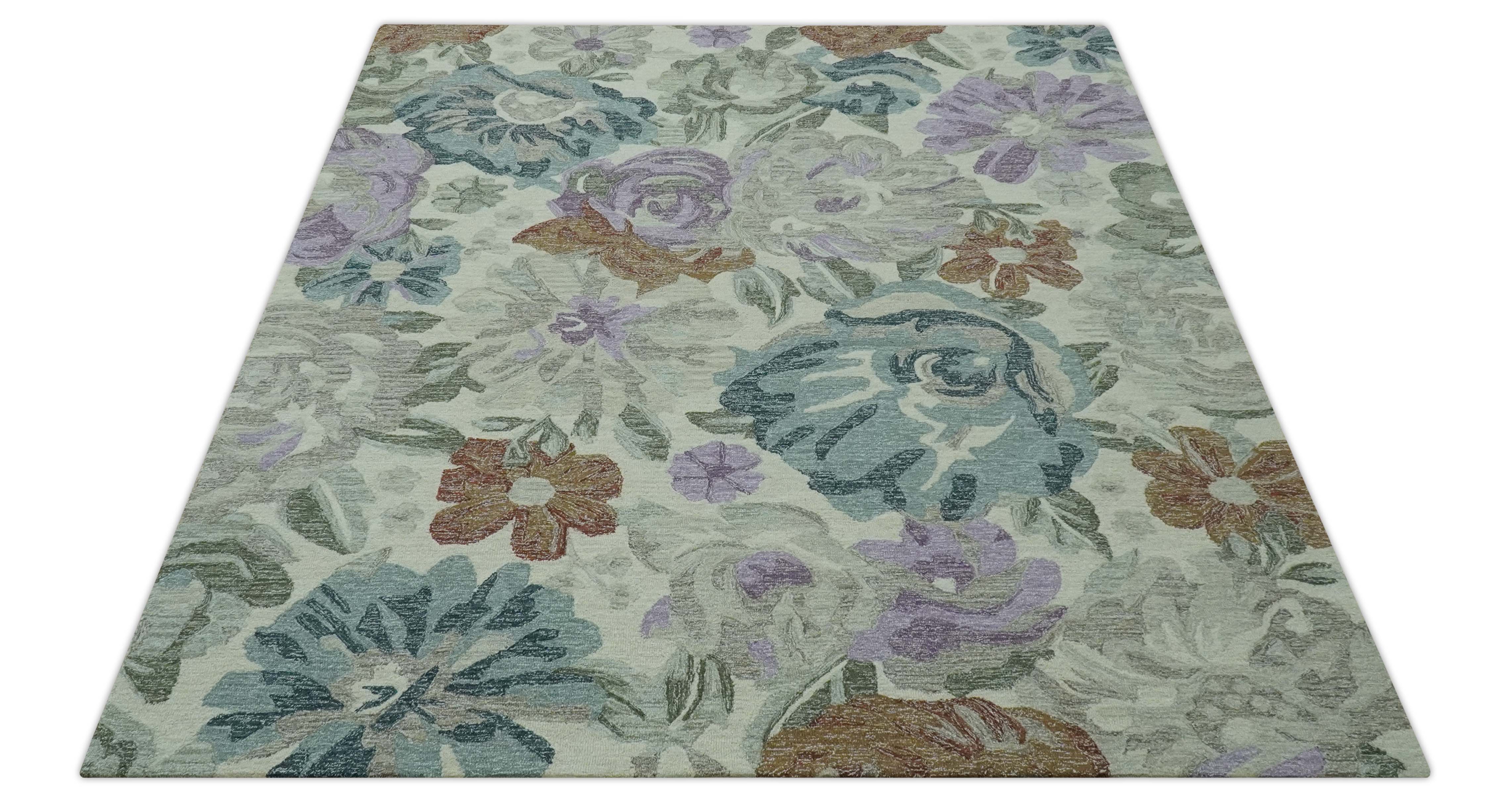 Ivory, Gray, Purple Flower Design Hand Tufted 8x10 wool Area Rug - Image 9