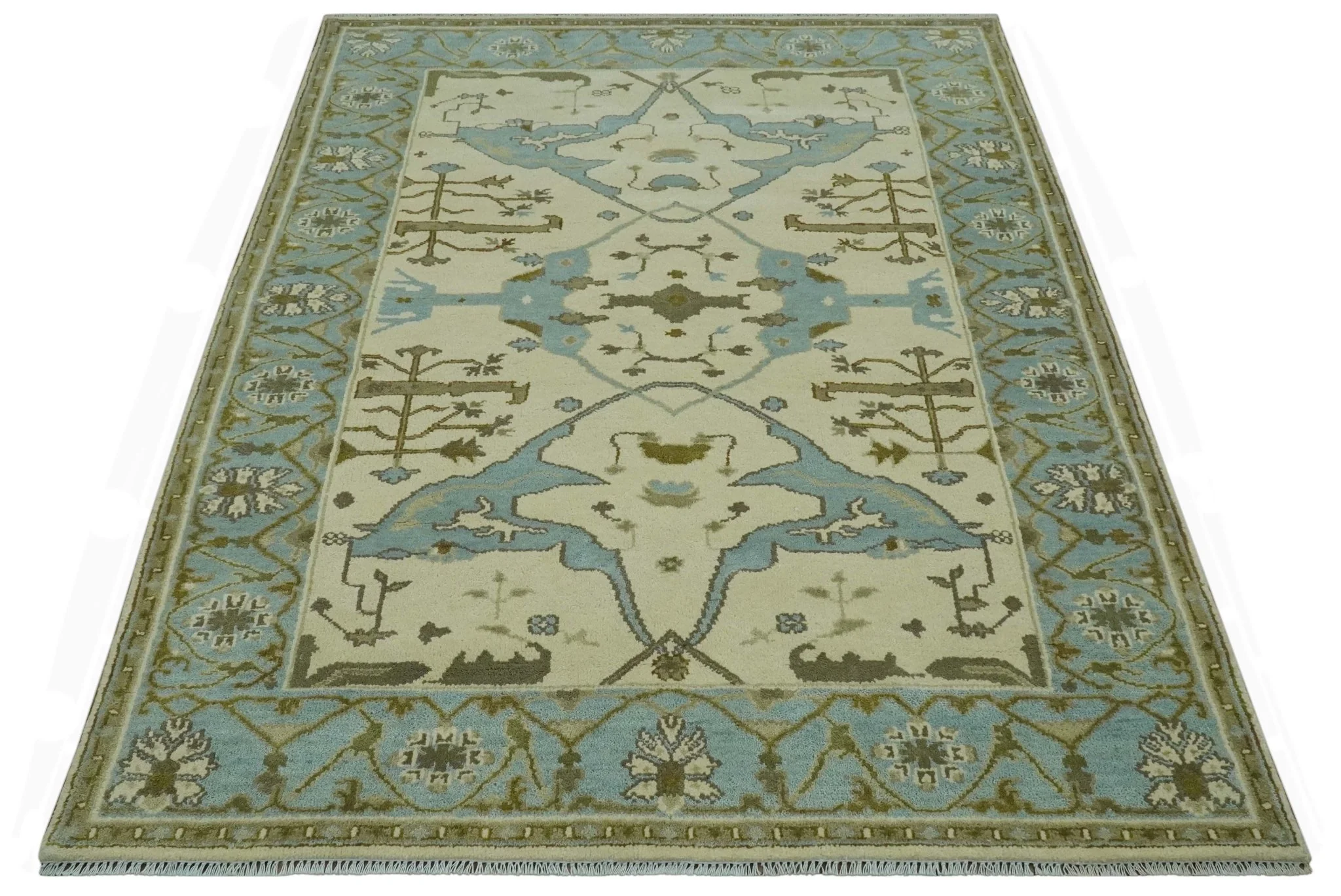 Beige and Aqua Hand Knotted 6x9 Traditional Oriental Oushak wool area rug - Image 10