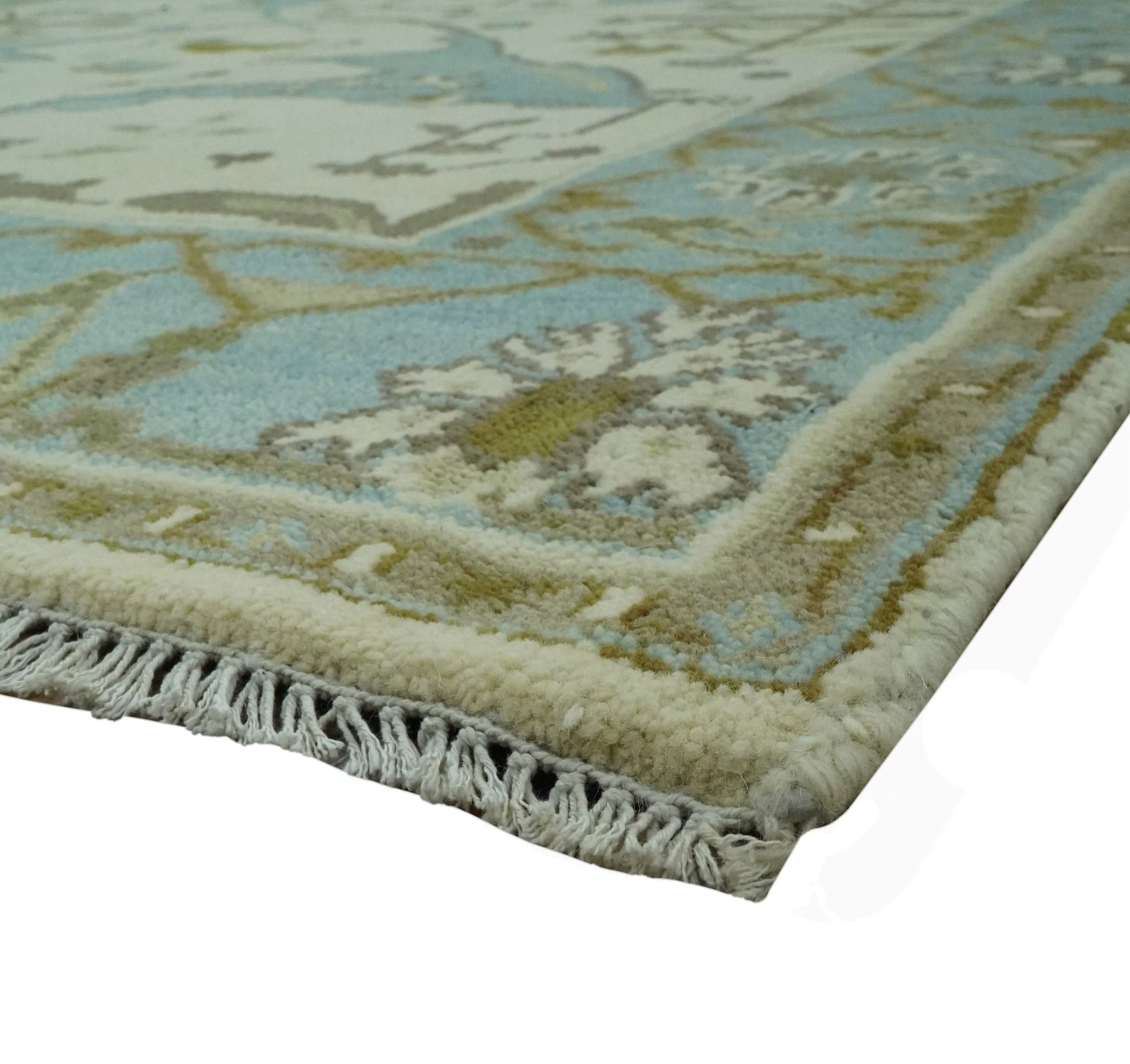 Beige and Aqua Hand Knotted 6x9 Traditional Oriental Oushak wool area rug - Image 5