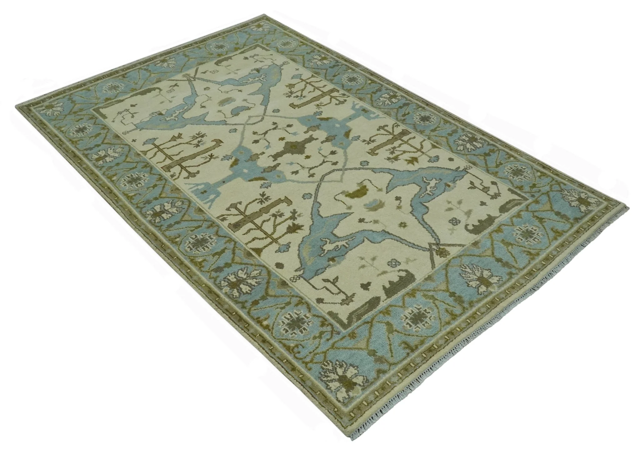 Beige and Aqua Hand Knotted 6x9 Traditional Oriental Oushak wool area rug - Image 9