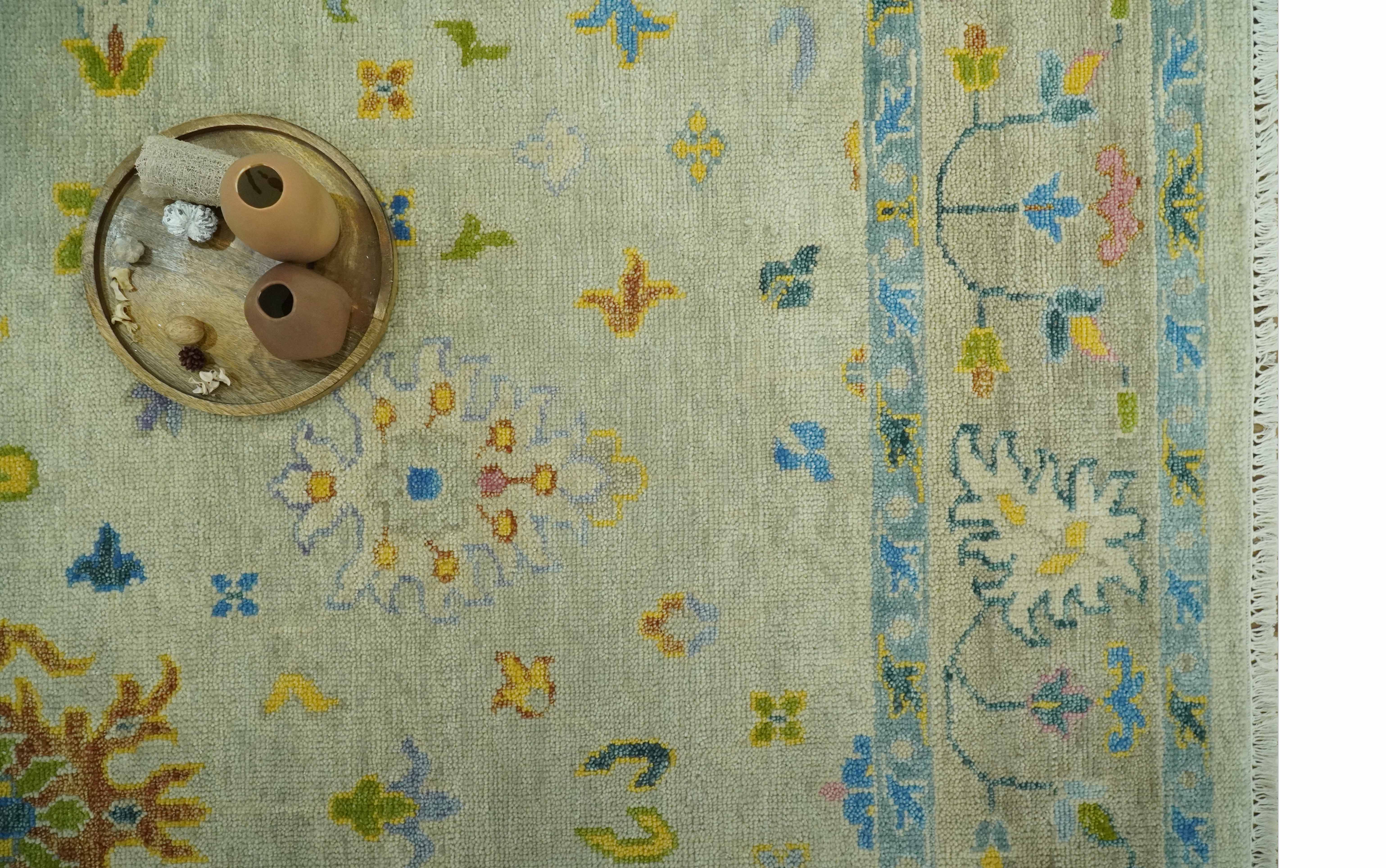 Beige and Blue Hand Knotted 8x10 Traditional Floral wool area rug - Image 10