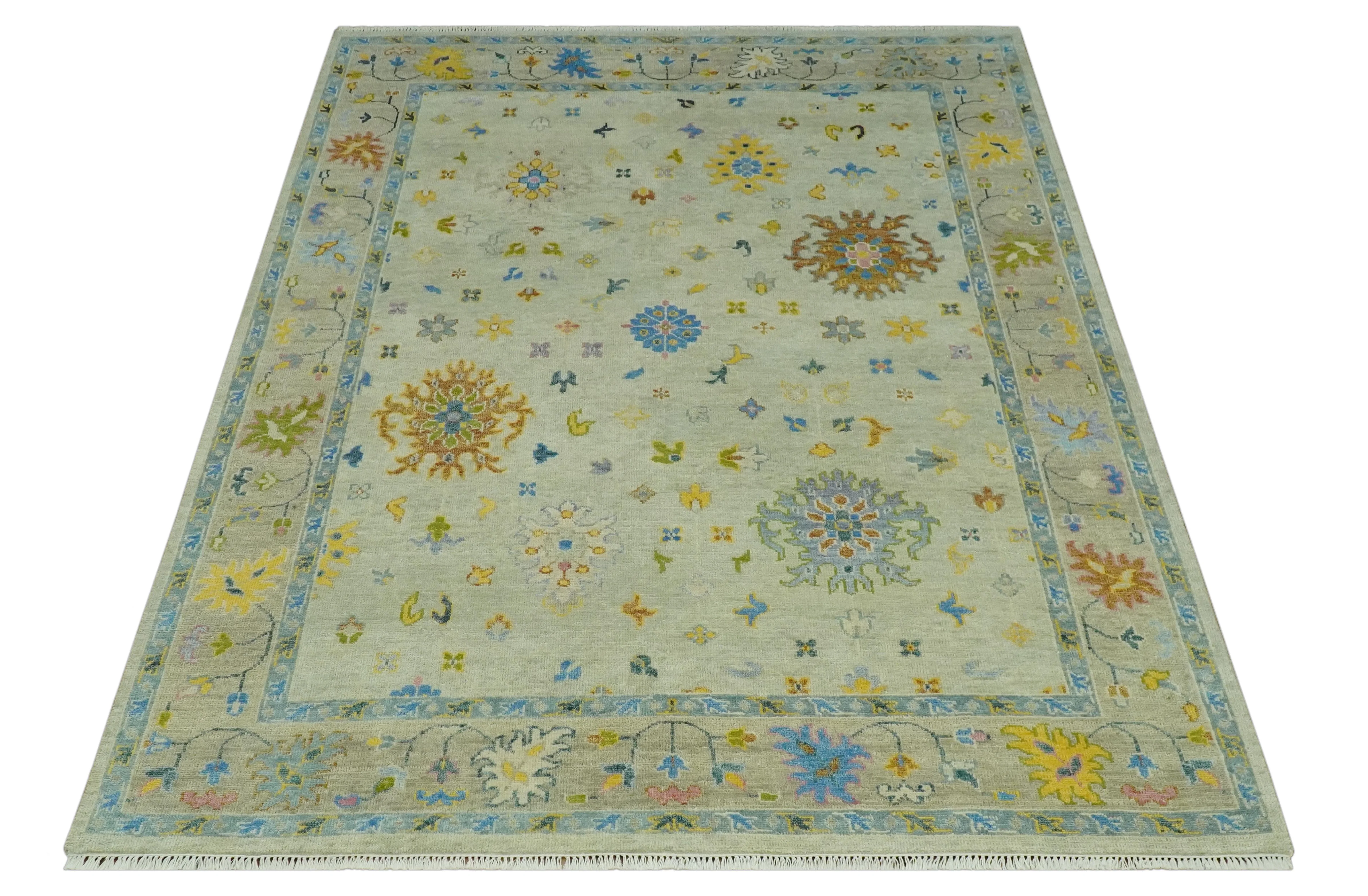 Beige and Blue Hand Knotted 8x10 Traditional Floral wool area rug - Image 12