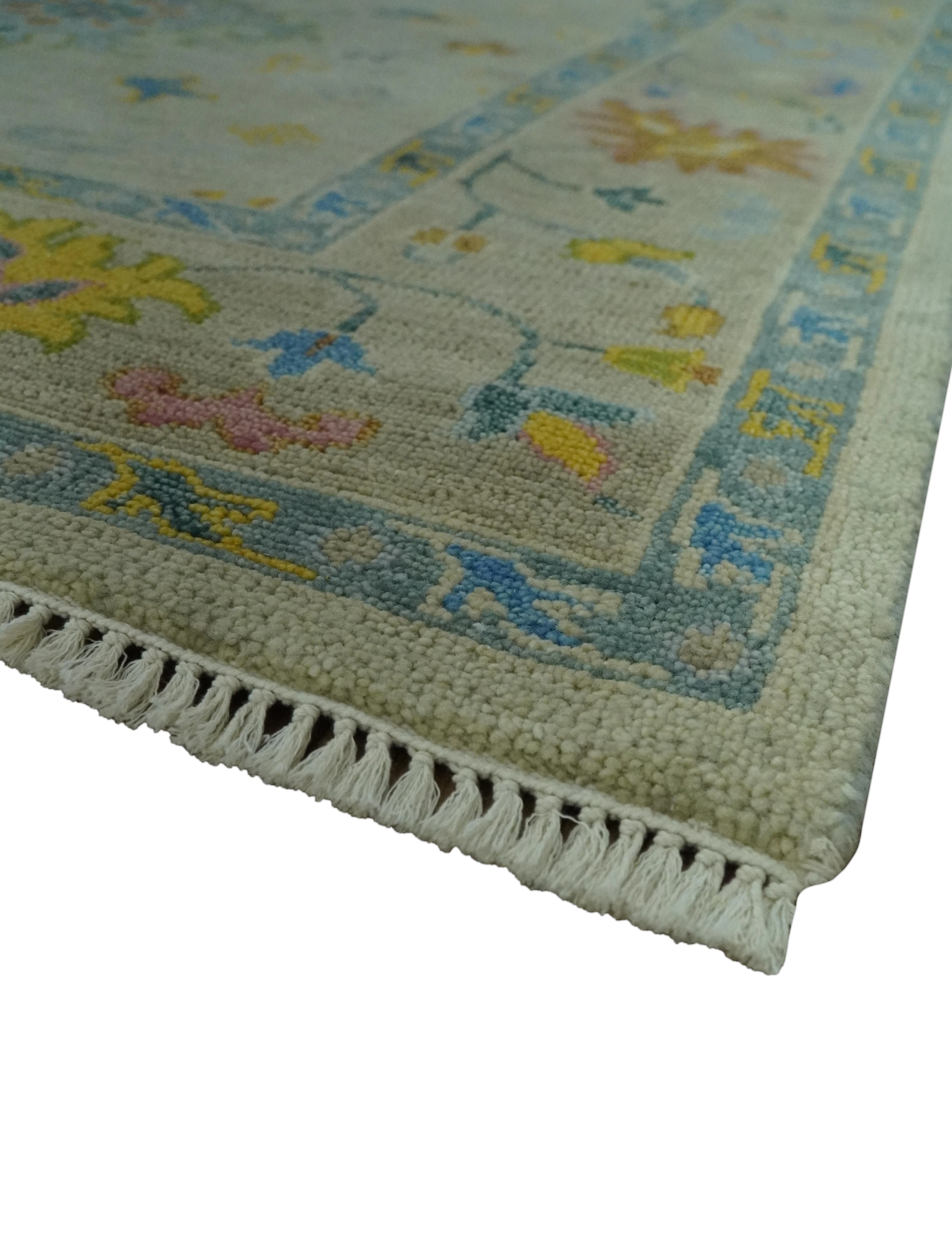 Beige and Blue Hand Knotted 8x10 Traditional Floral wool area rug - Image 5