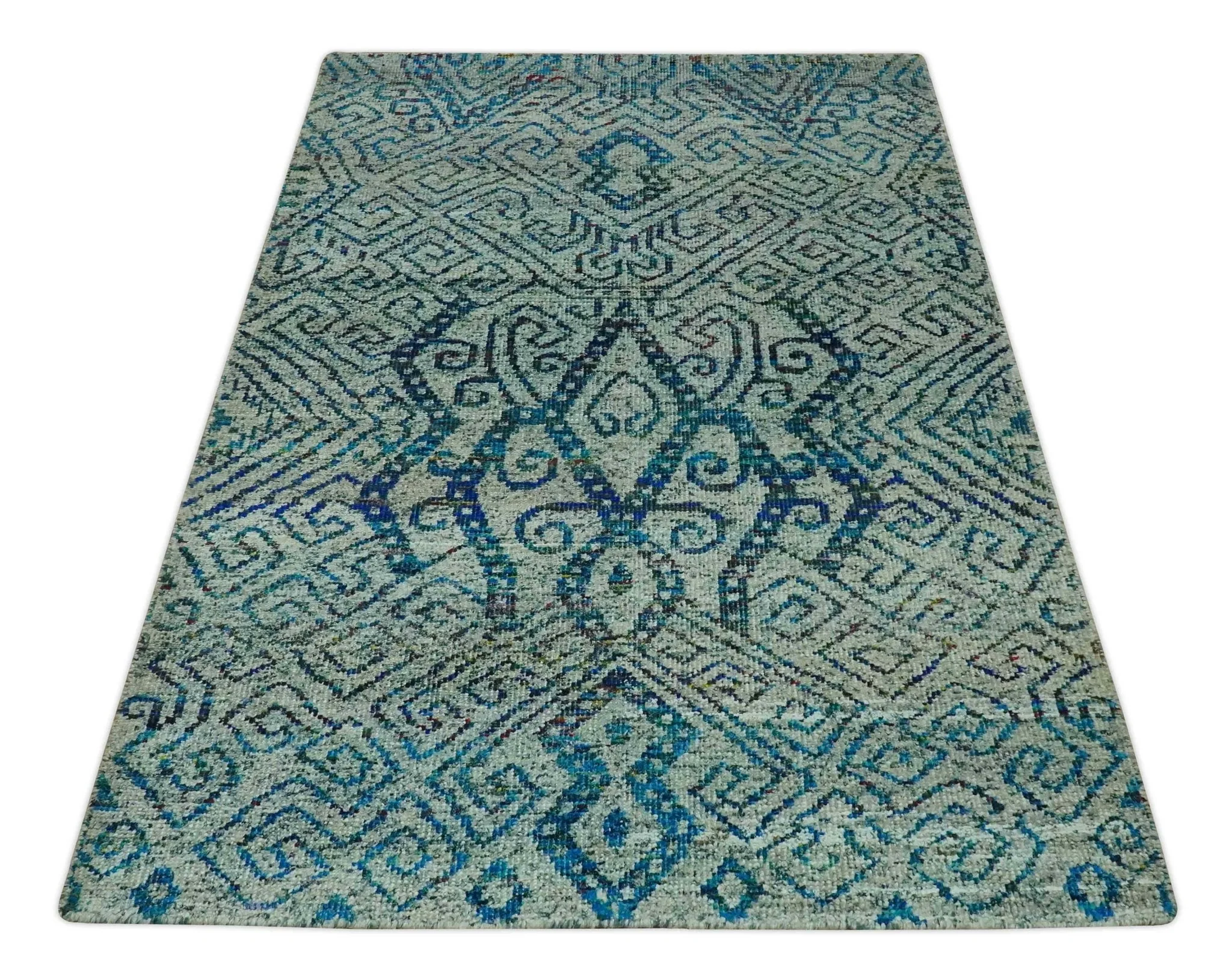 Beige and Blue 5x7.6 Large design Hand Knotted wool area rug - Image 10