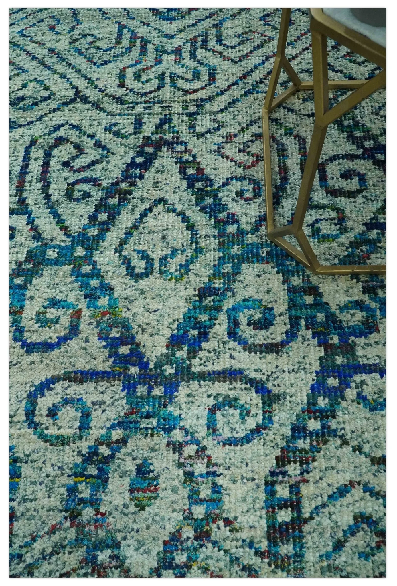 Beige and Blue 5x7.6 Large design Hand Knotted wool area rug - Image 2