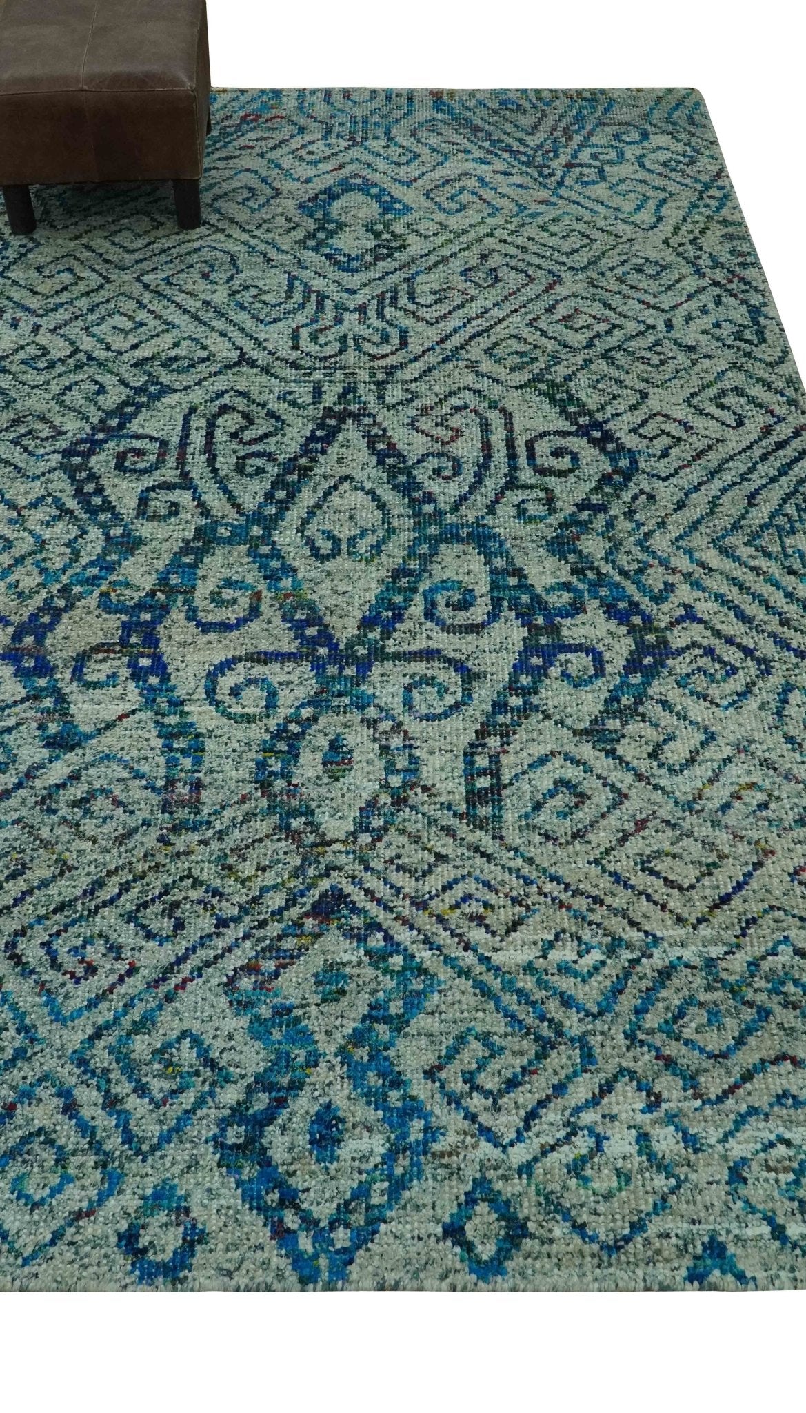 Beige and Blue 5x7.6 Large design Hand Knotted wool area rug - Image 3