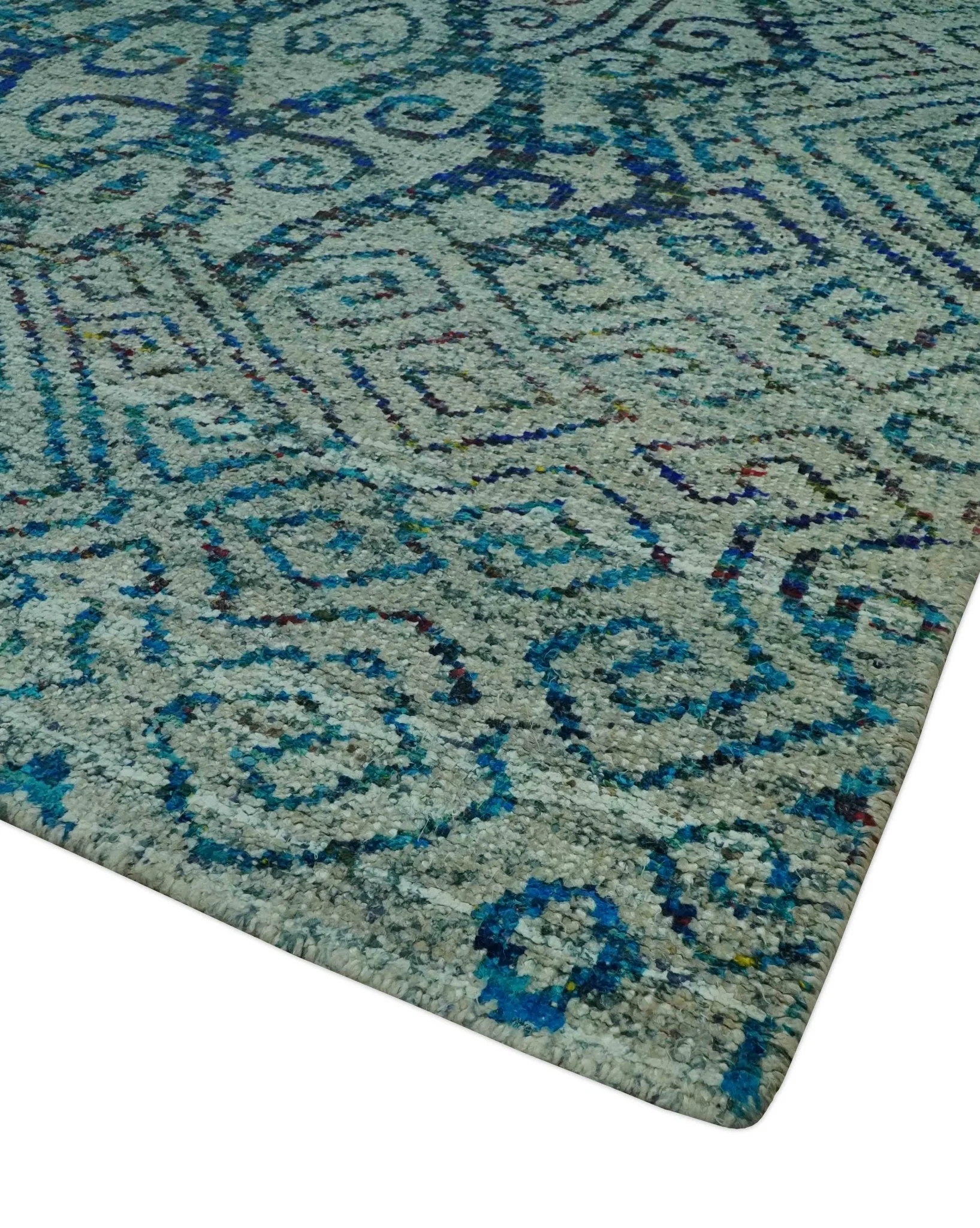 Beige and Blue 5x7.6 Large design Hand Knotted wool area rug - Image 5