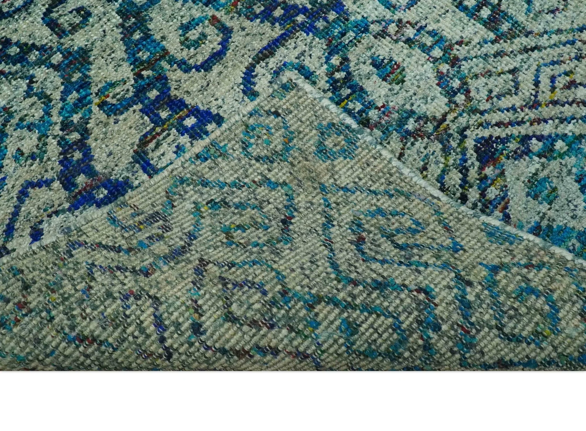 Beige and Blue 5x7.6 Large design Hand Knotted wool area rug - Image 6