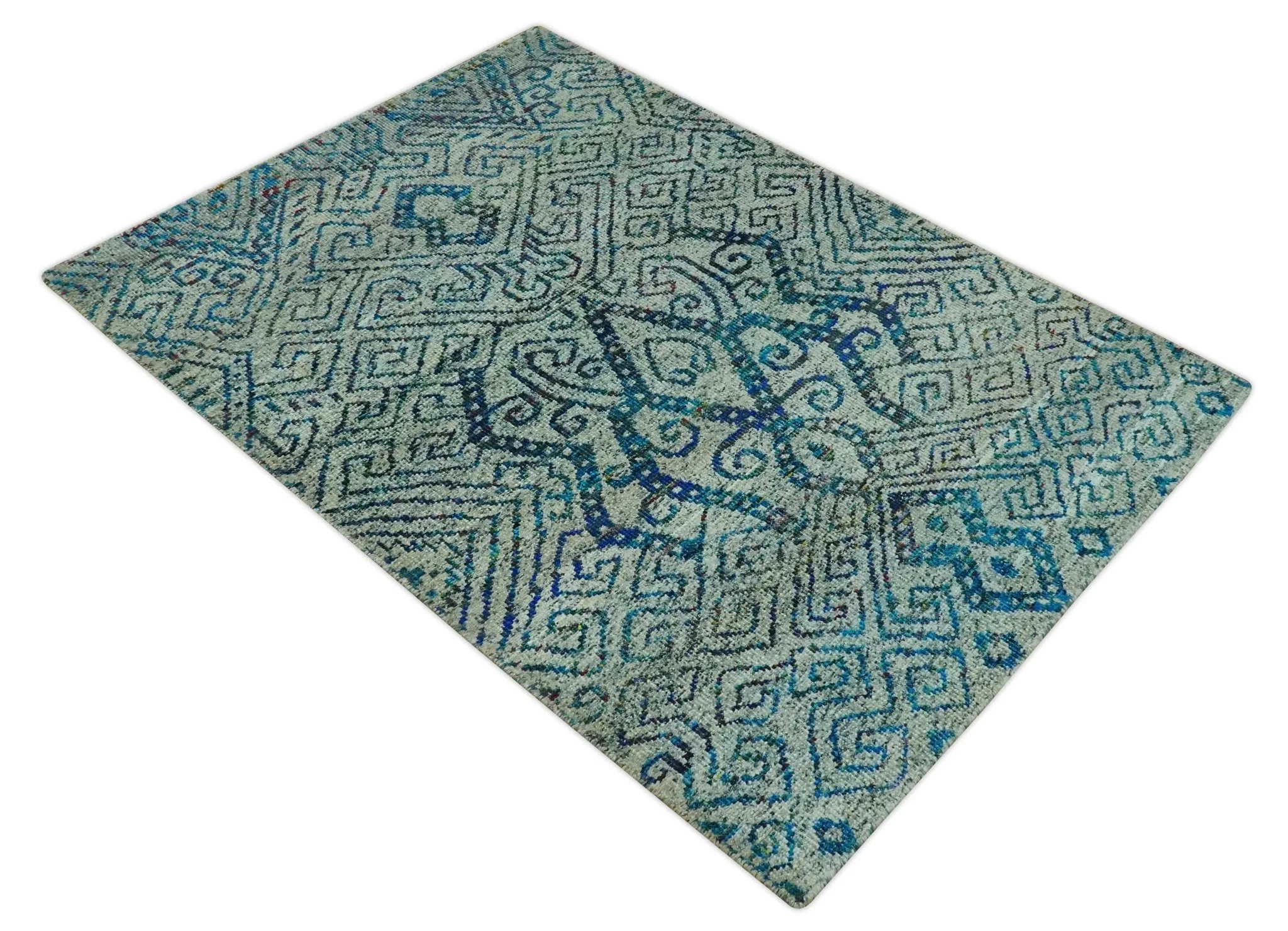 Beige and Blue 5x7.6 Large design Hand Knotted wool area rug - Image 9