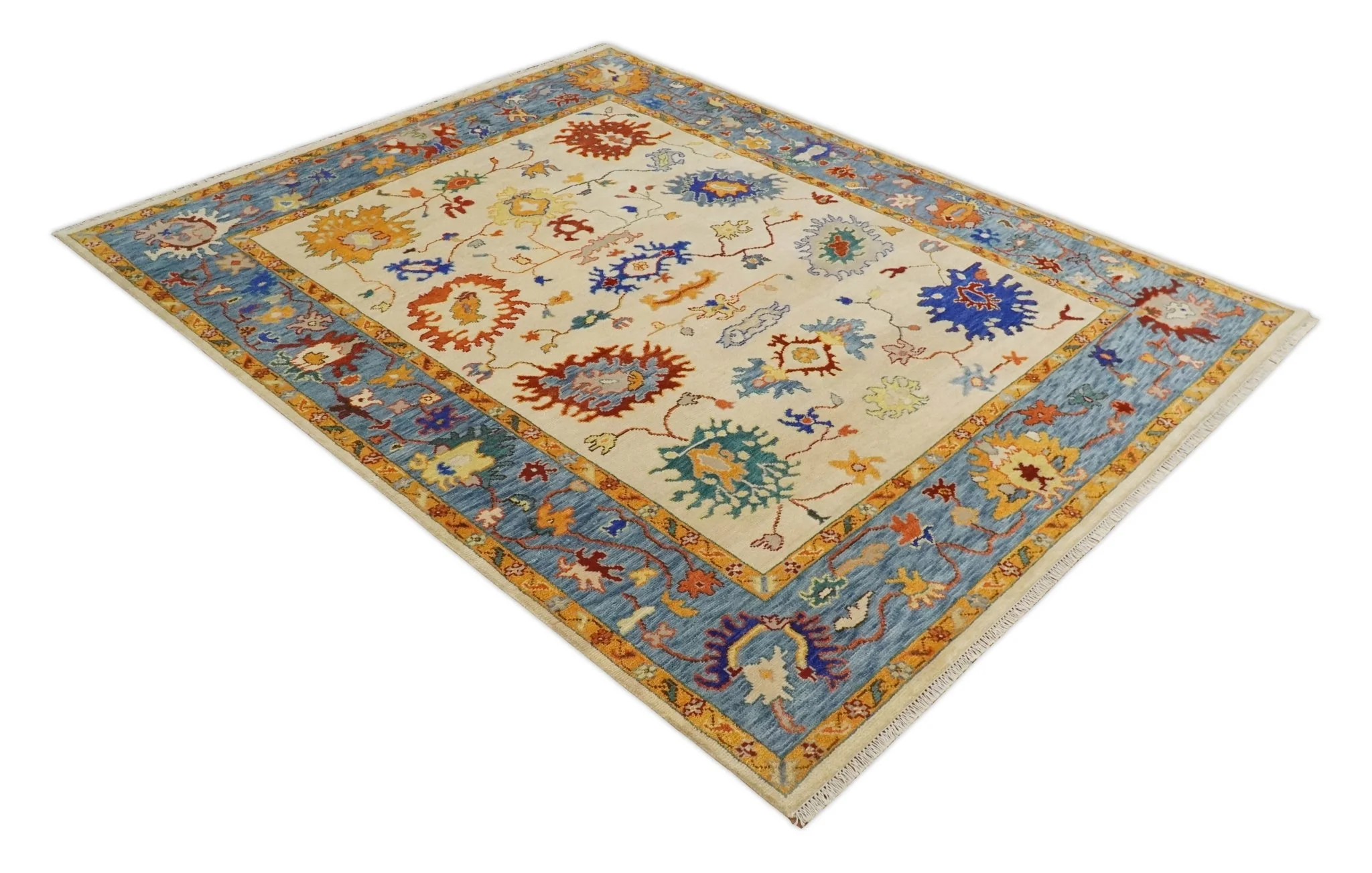 Vibrant Colorful Beige, Blue and Brown Traditional Oushak Hand Knotted Custom made Wool Area Rug - Image 10