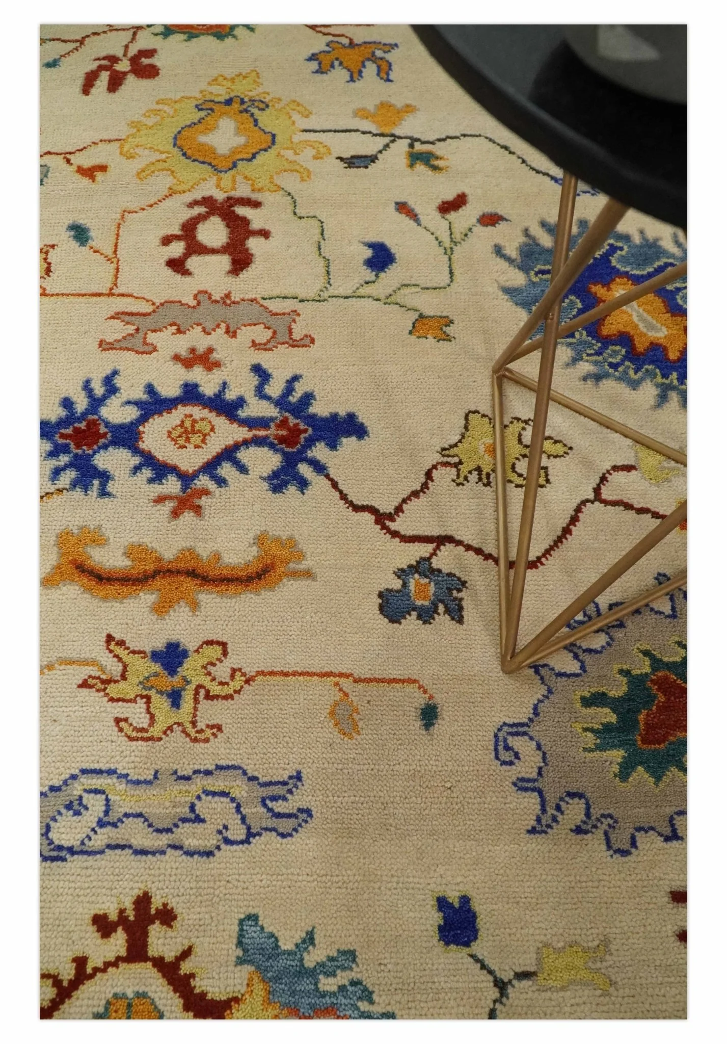 Vibrant Colorful Beige, Blue and Brown Traditional Oushak Hand Knotted Custom made Wool Area Rug - Image 2