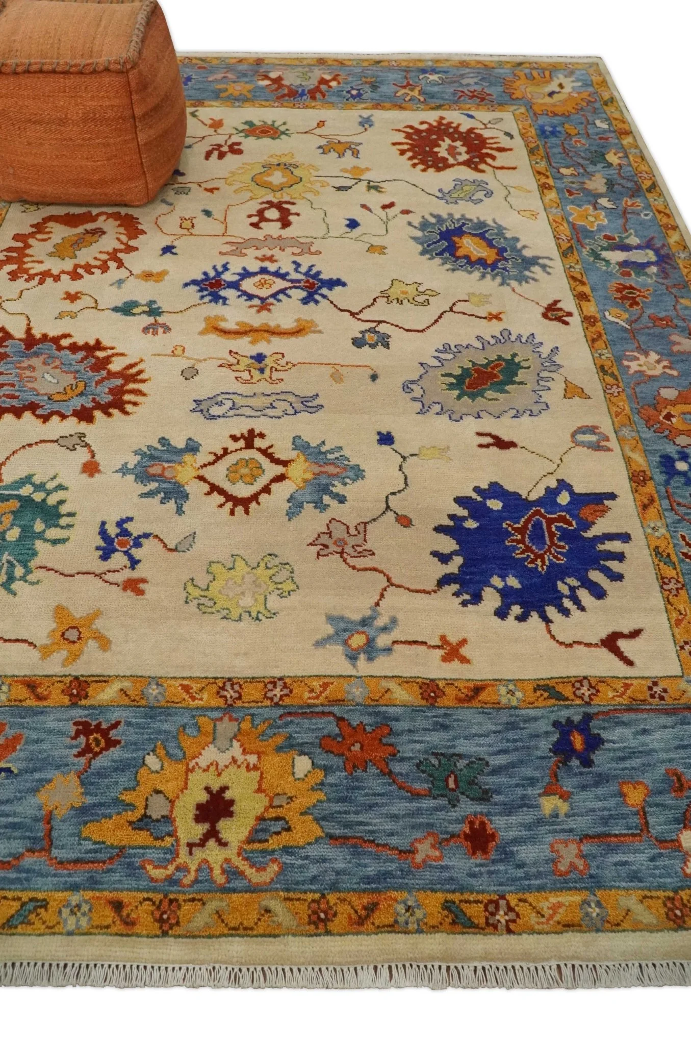 Vibrant Colorful Beige, Blue and Brown Traditional Oushak Hand Knotted Custom made Wool Area Rug - Image 3