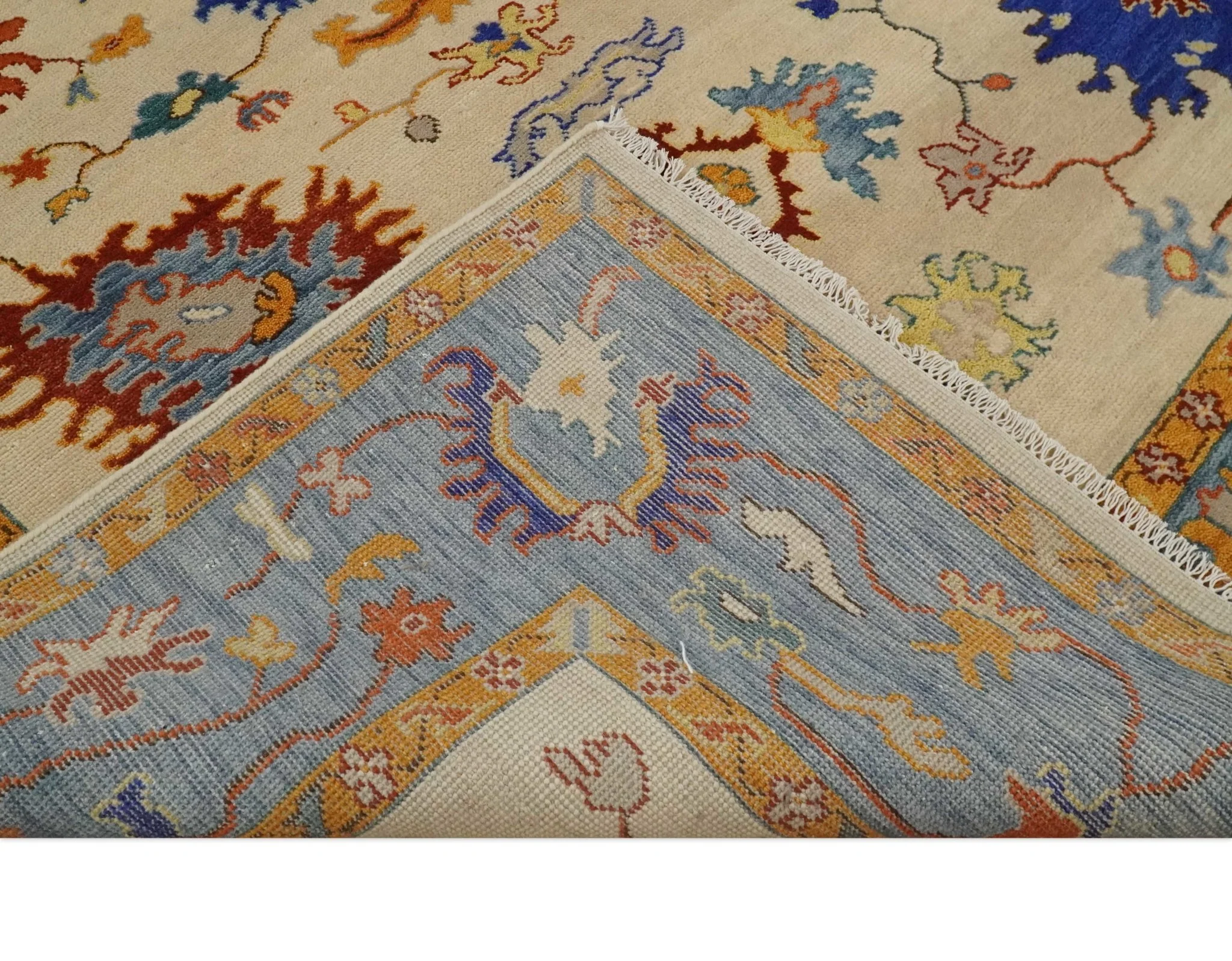Vibrant Colorful Beige, Blue and Brown Traditional Oushak Hand Knotted Custom made Wool Area Rug - Image 4