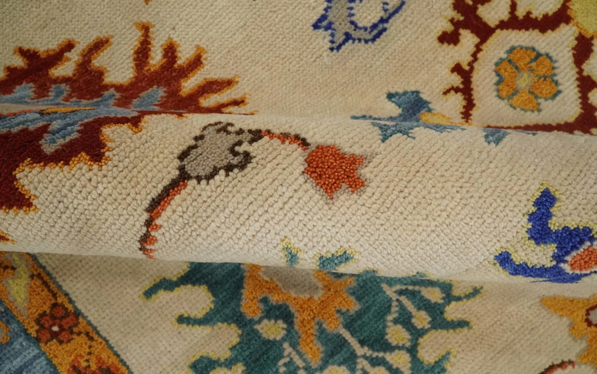 Vibrant Colorful Beige, Blue and Brown Traditional Oushak Hand Knotted Custom made Wool Area Rug - Image 5