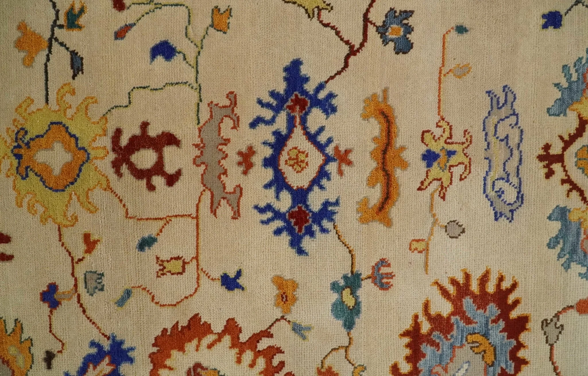 Vibrant Colorful Beige, Blue and Brown Traditional Oushak Hand Knotted Custom made Wool Area Rug - Image 7