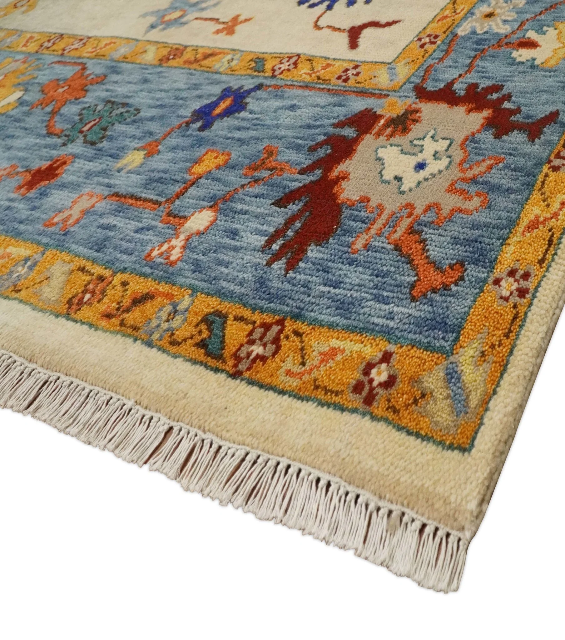 Vibrant Colorful Beige, Blue and Brown Traditional Oushak Hand Knotted Custom made Wool Area Rug - Image 9