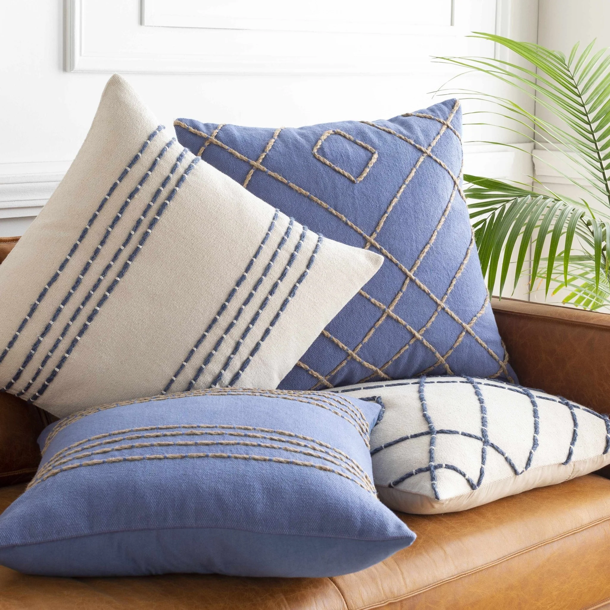 Beige and Blue Stripe Design Square Throw Pillow - Image 3