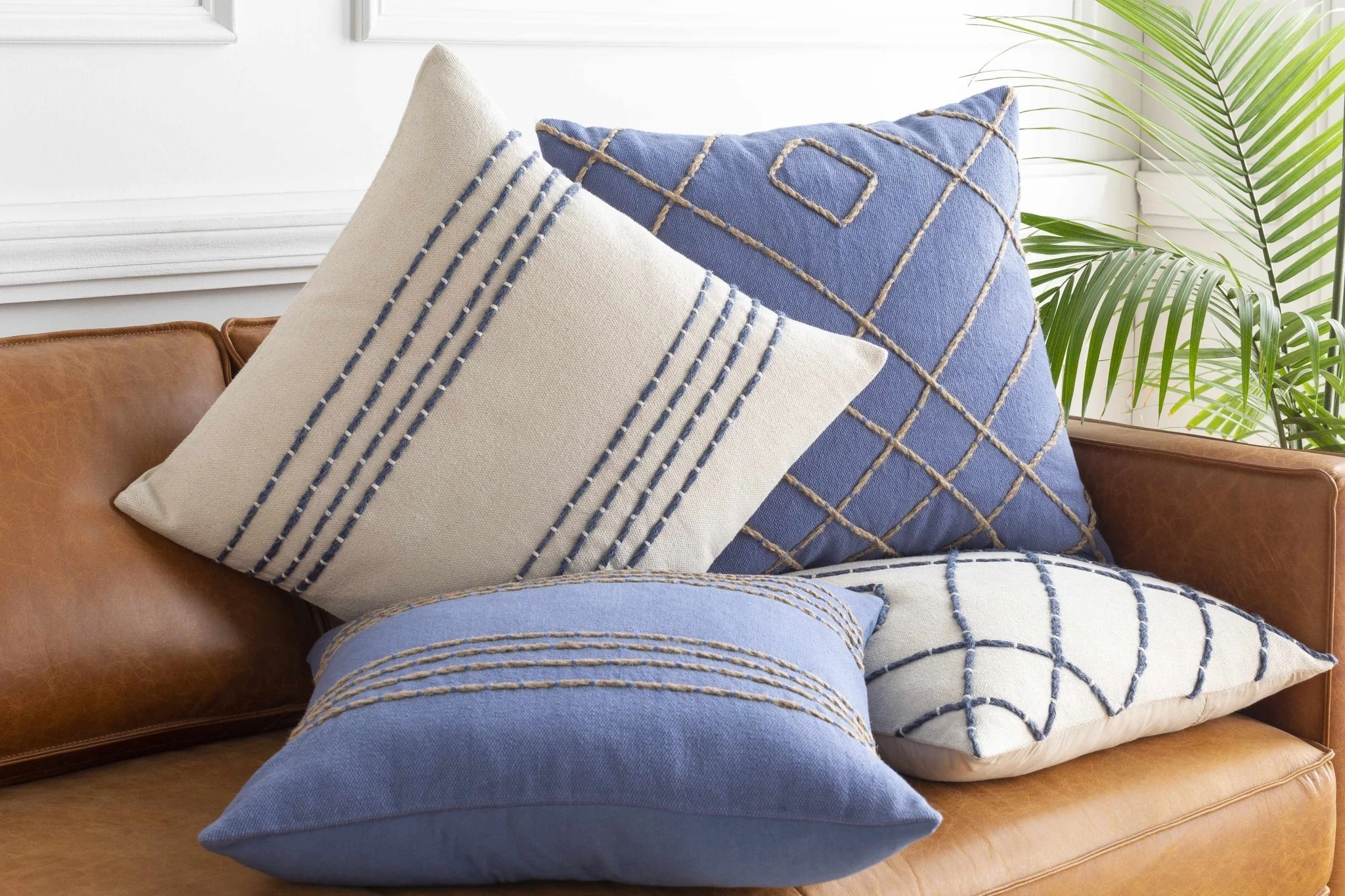 Beige and Blue Stripe Design Square Throw Pillow - Image 4
