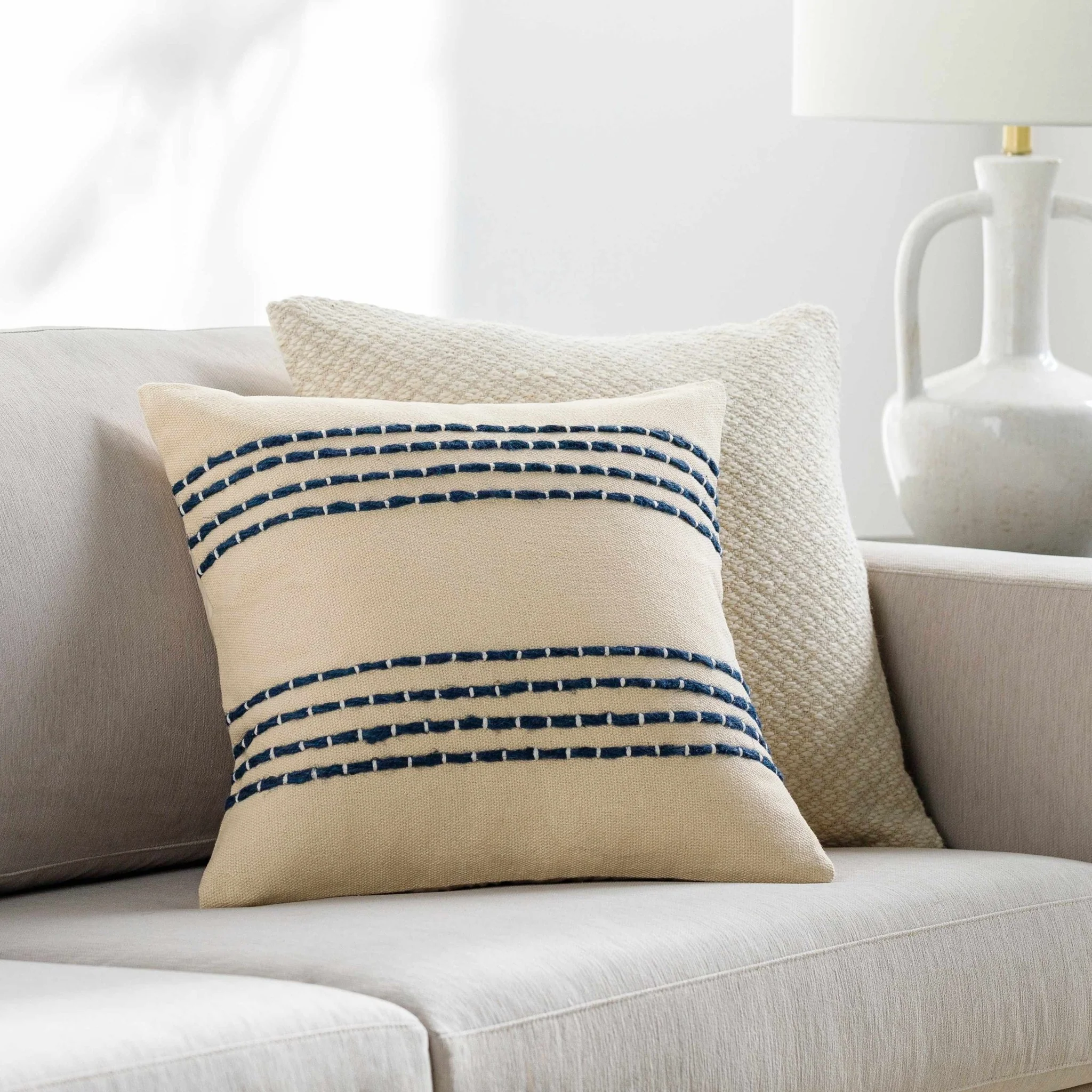 Beige and Blue Stripe Design Square Throw Pillow - Image 7