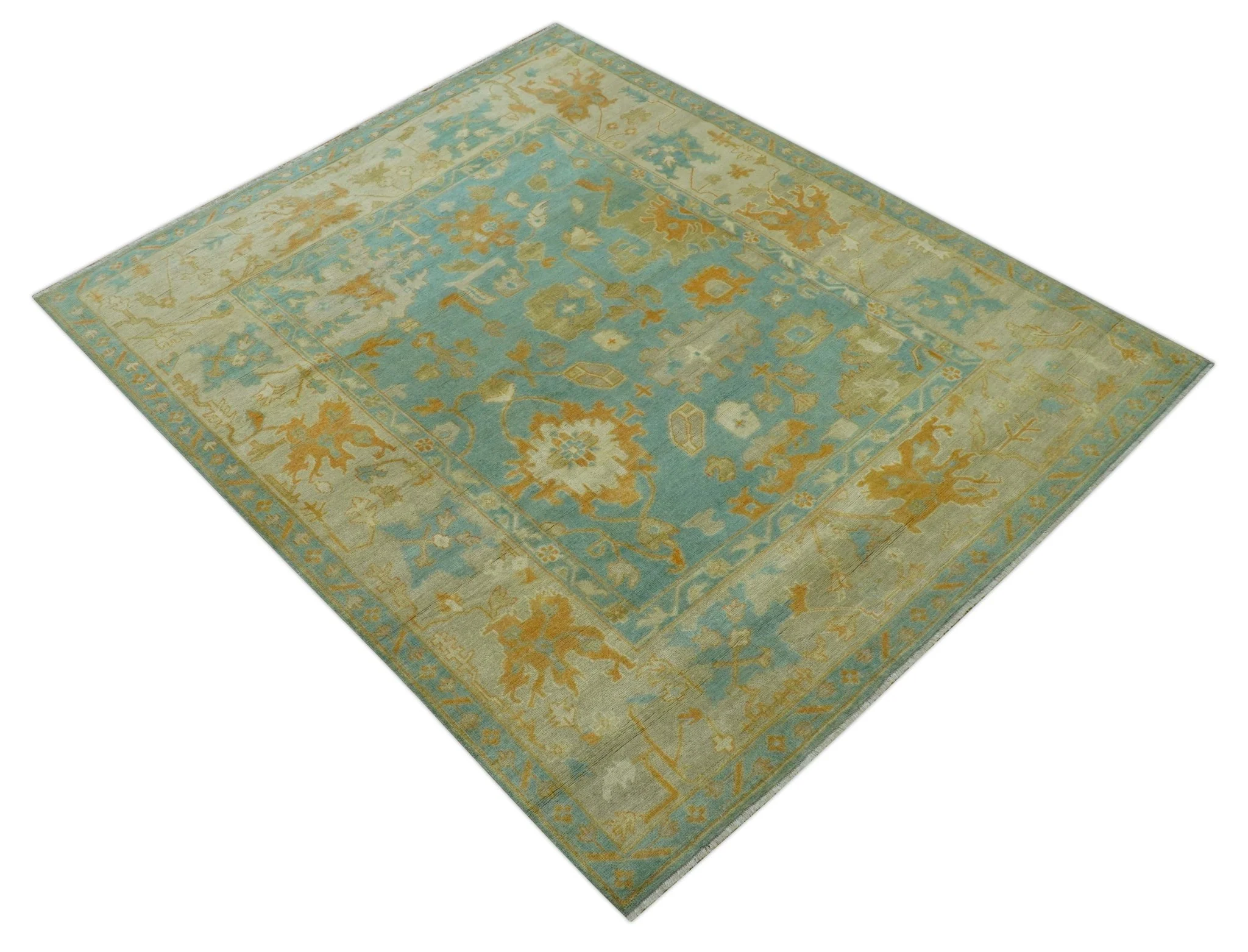 Beige And Blue Traditional 8x10 Hand Knotted Wool Area Rug - Image 10