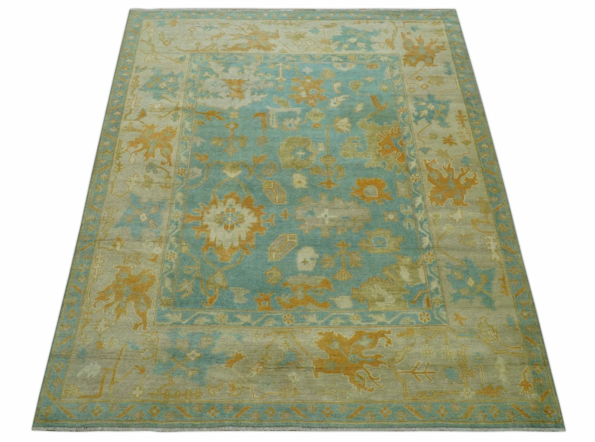 Beige And Blue Traditional 8x10 Hand Knotted Wool Area Rug - Image 11