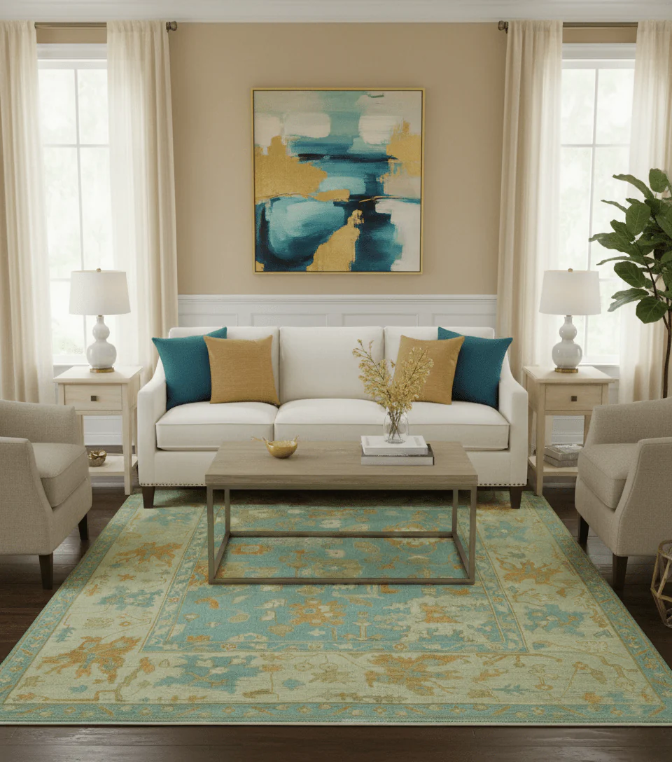Beige And Blue Traditional 8x10 Hand Knotted Wool Area Rug - Image 2