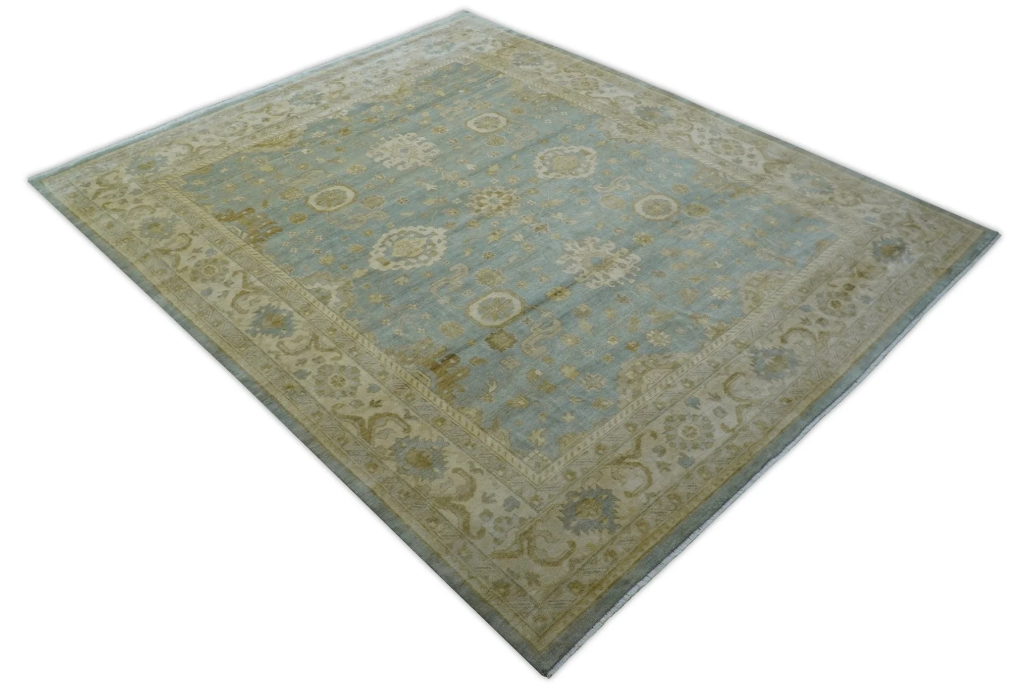 Beige And Blue Traditional Oushak Design 12x15 Hand Knotted Wool Rug - Image 10