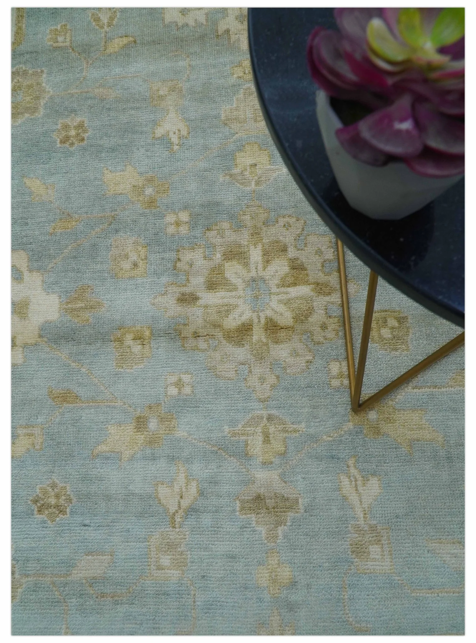 Beige And Blue Traditional Oushak Design 12x15 Hand Knotted Wool Rug - Image 4