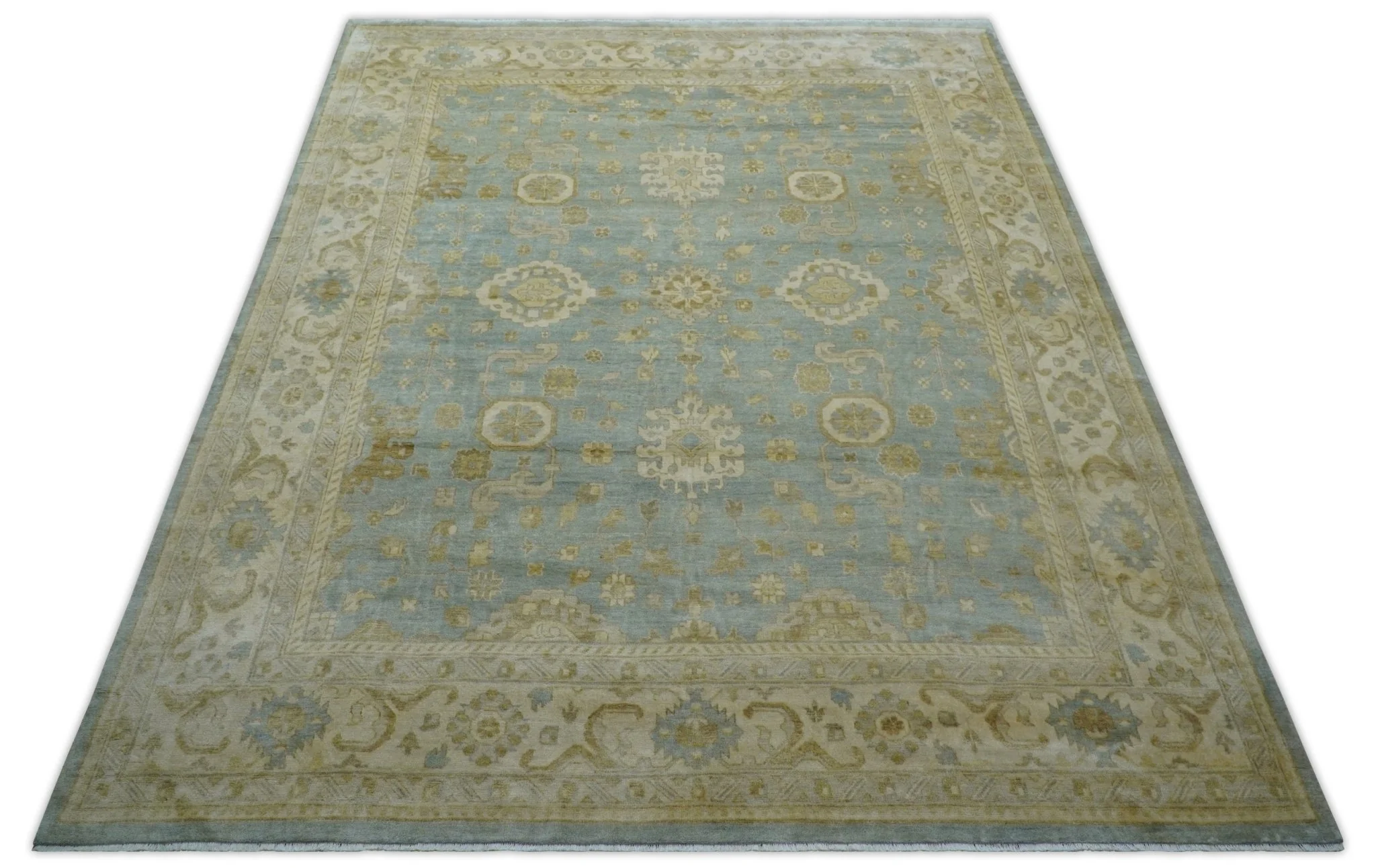 Beige And Blue Traditional Oushak Design 12x15 Hand Knotted Wool Rug - Image 9