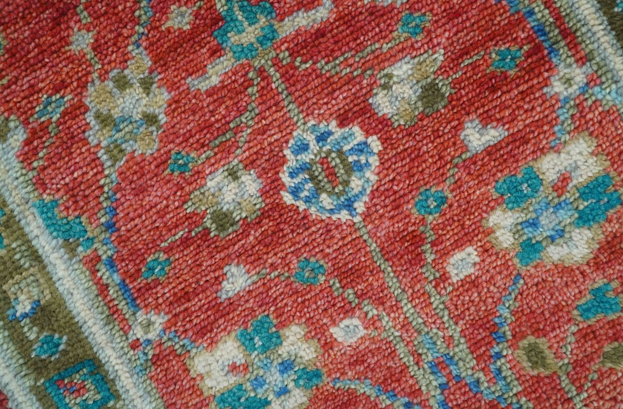 Oushak Design Red And Green 2.6x8 Hand knotted Wool Rug - Image 3