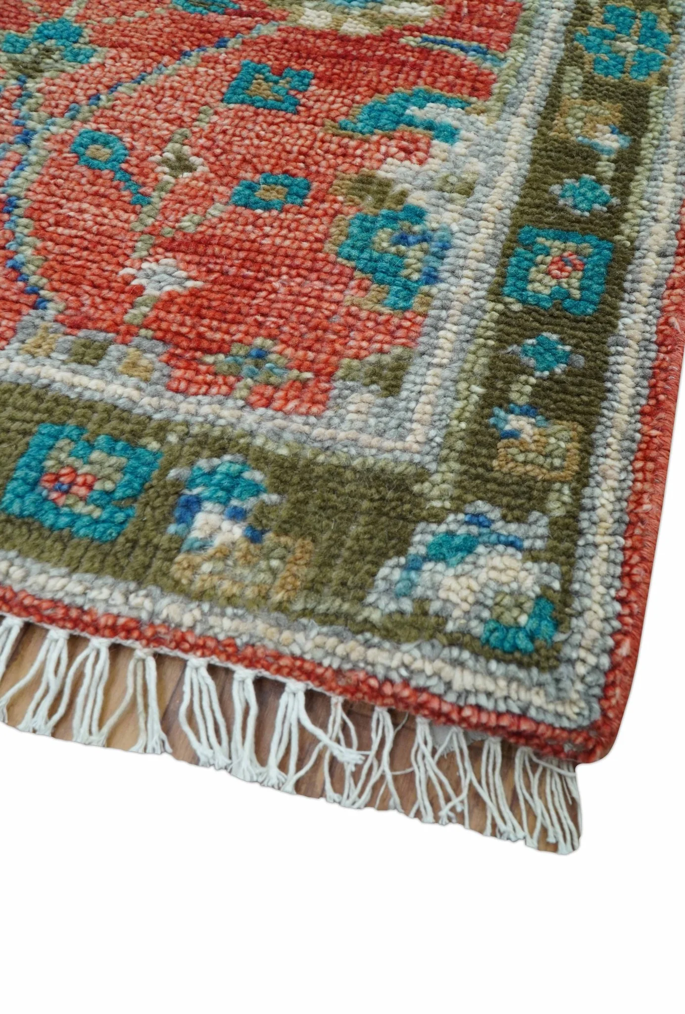 Oushak Design Red And Green 2.6x8 Hand knotted Wool Rug - Image 8