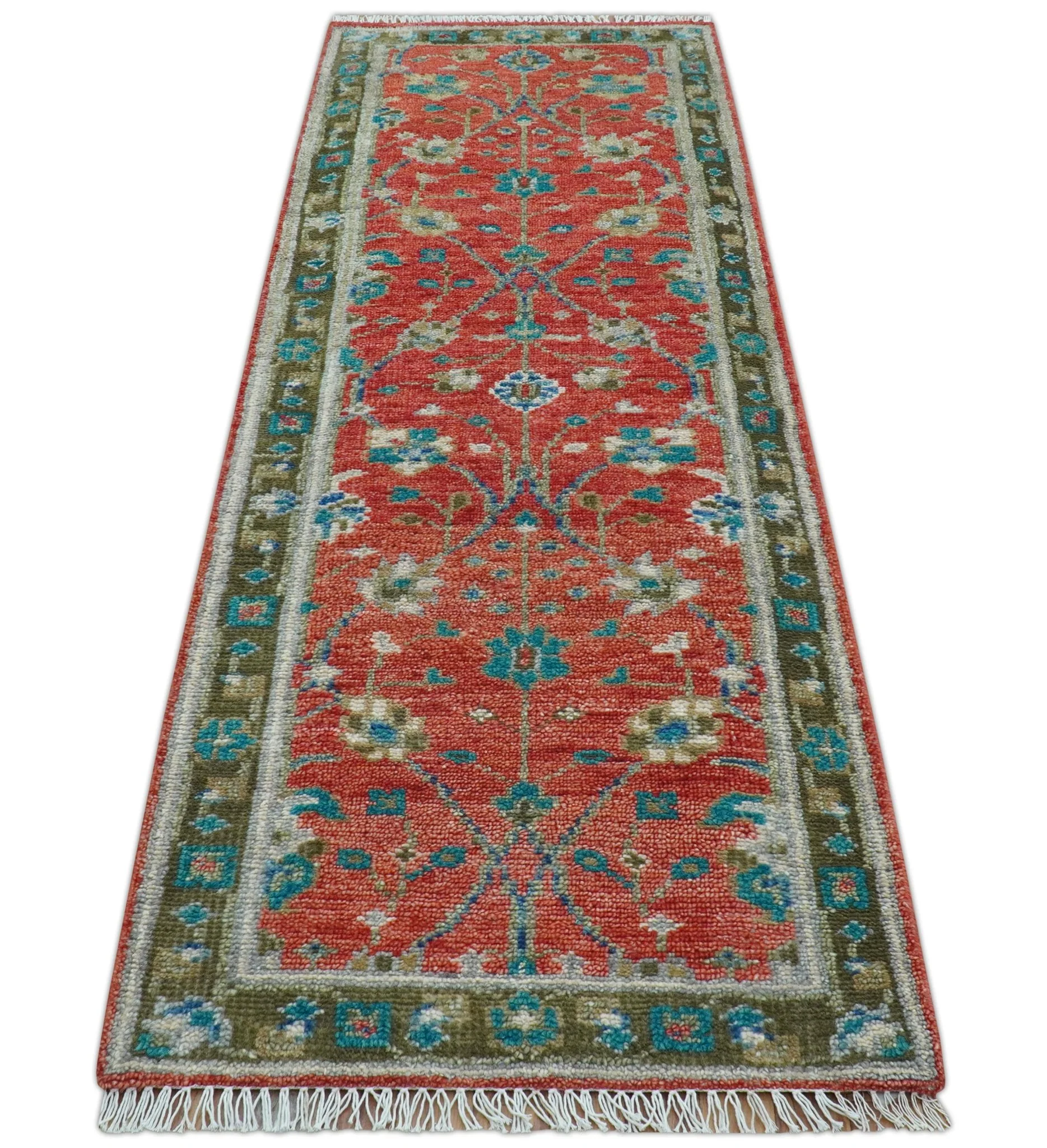Oushak Design Red And Green 2.6x8 Hand knotted Wool Rug - Image 9
