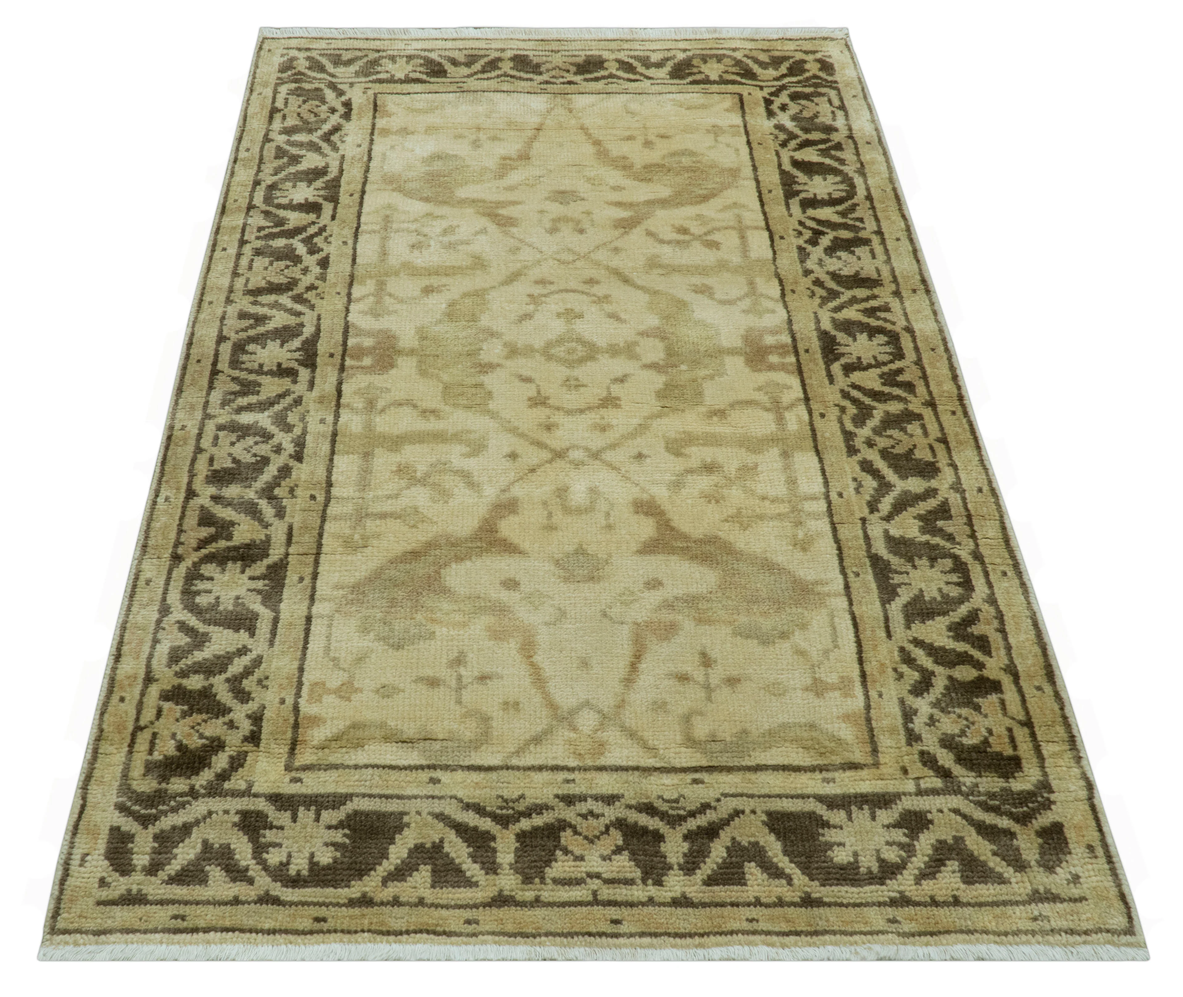 Beige And Brown Traditional Oushak Design Hand Knotted 3x5 Wool Area Rug - Image 8