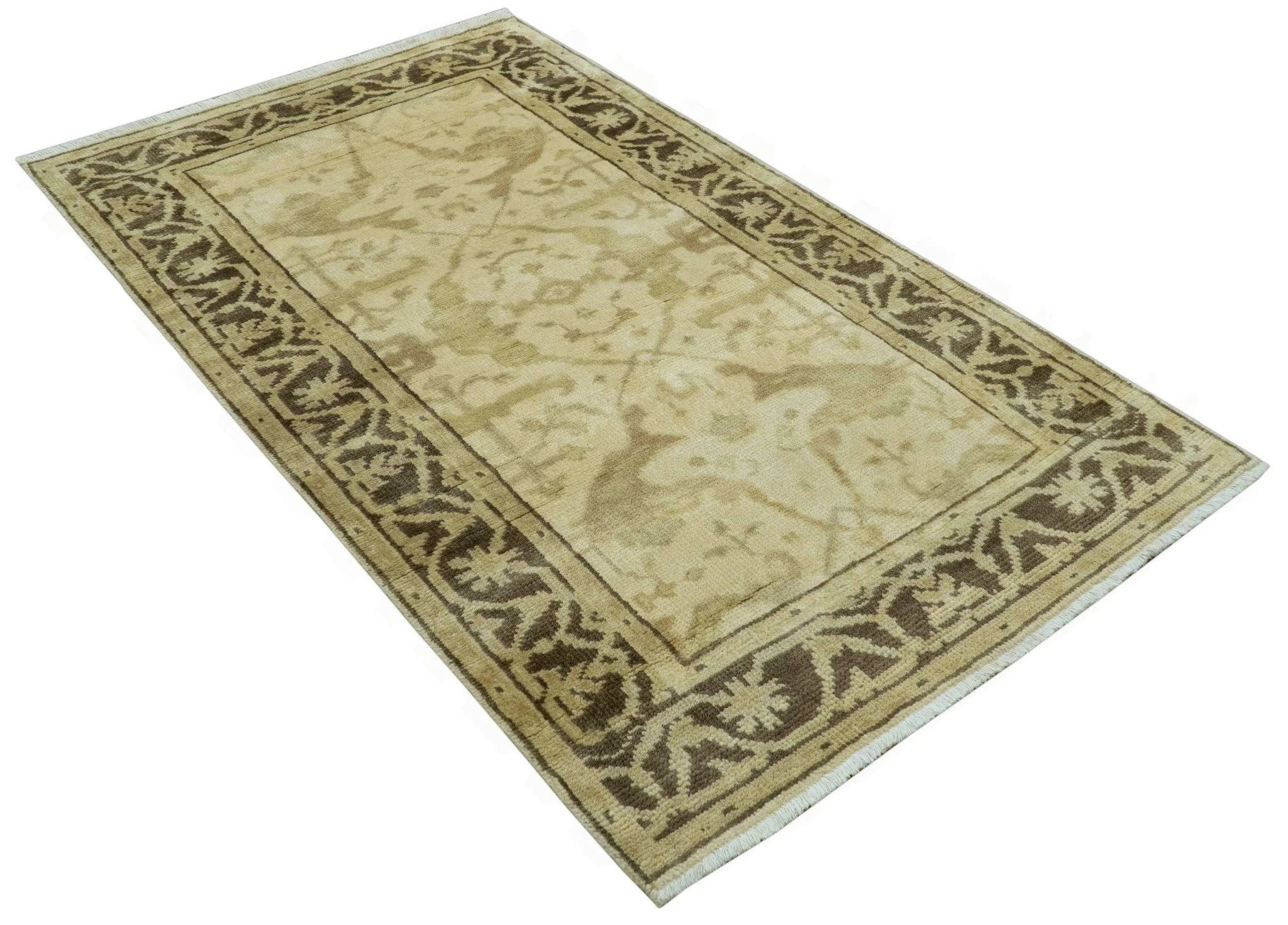 Beige And Brown Traditional Oushak Design Hand Knotted 3x5 Wool Area Rug - Image 9