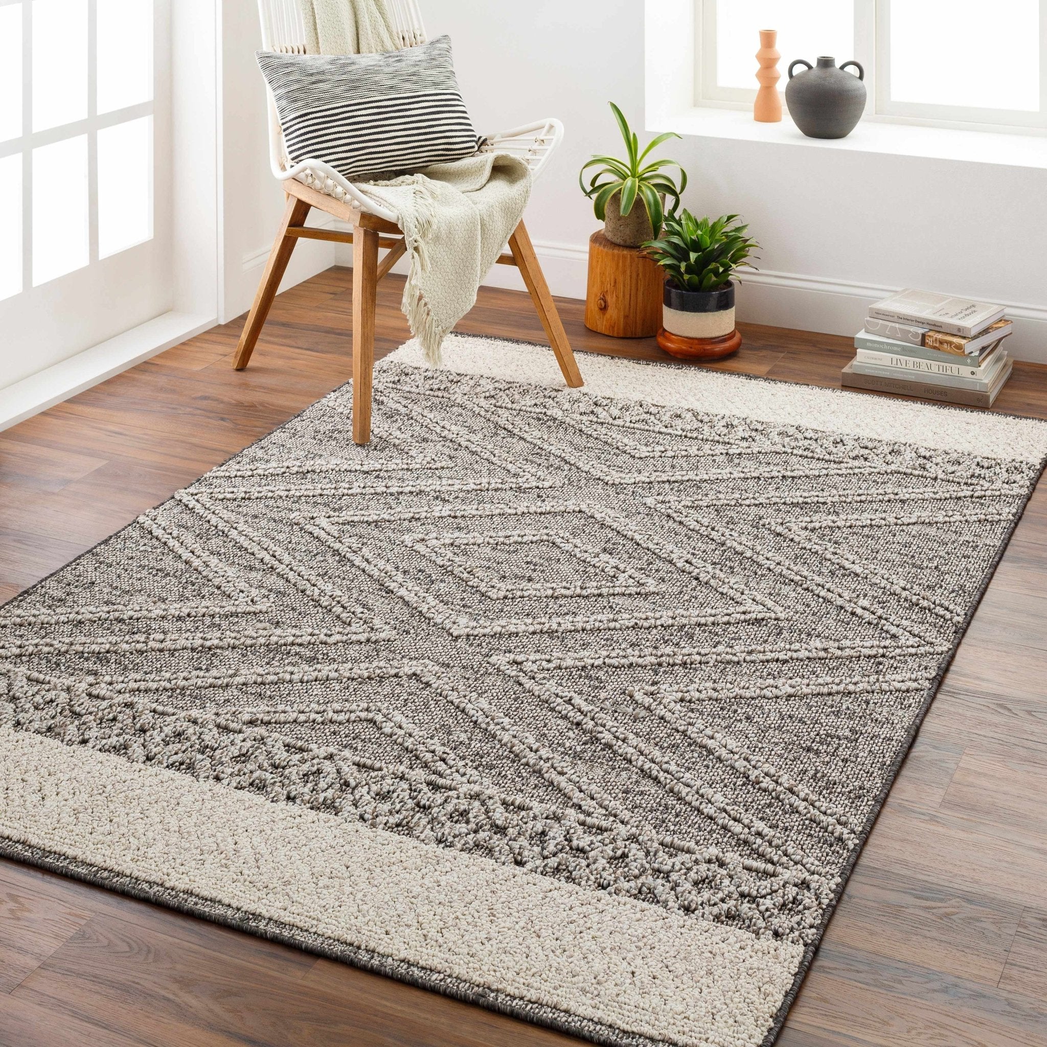 Modern Geometrical Beige and Charcoal Chevron Design Outdoor Safe Area Rug - Image 3