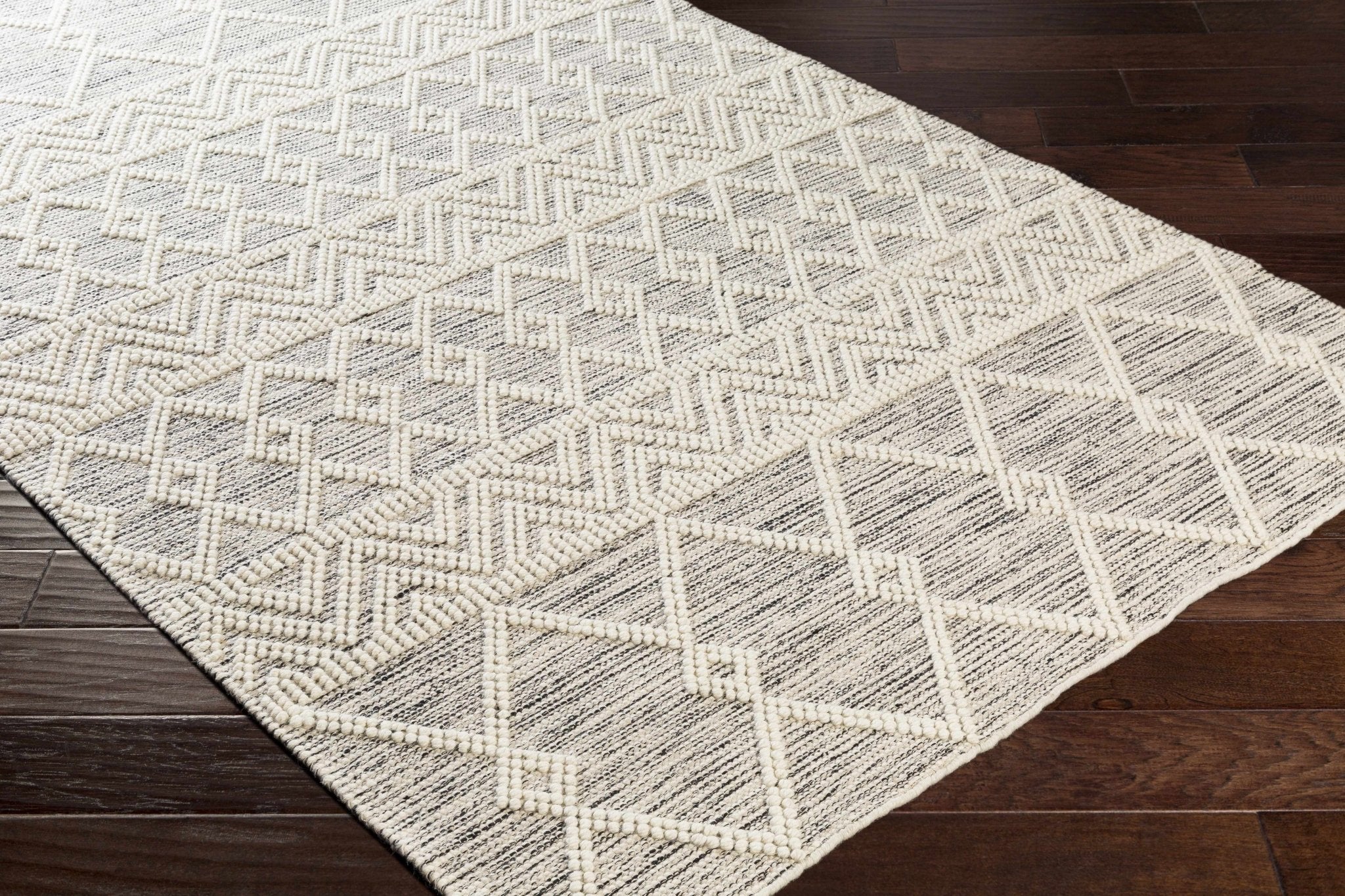 Beige and Charcoal Chevron Tasseled Texture Hand Woven Wool Area Rug - Image 6