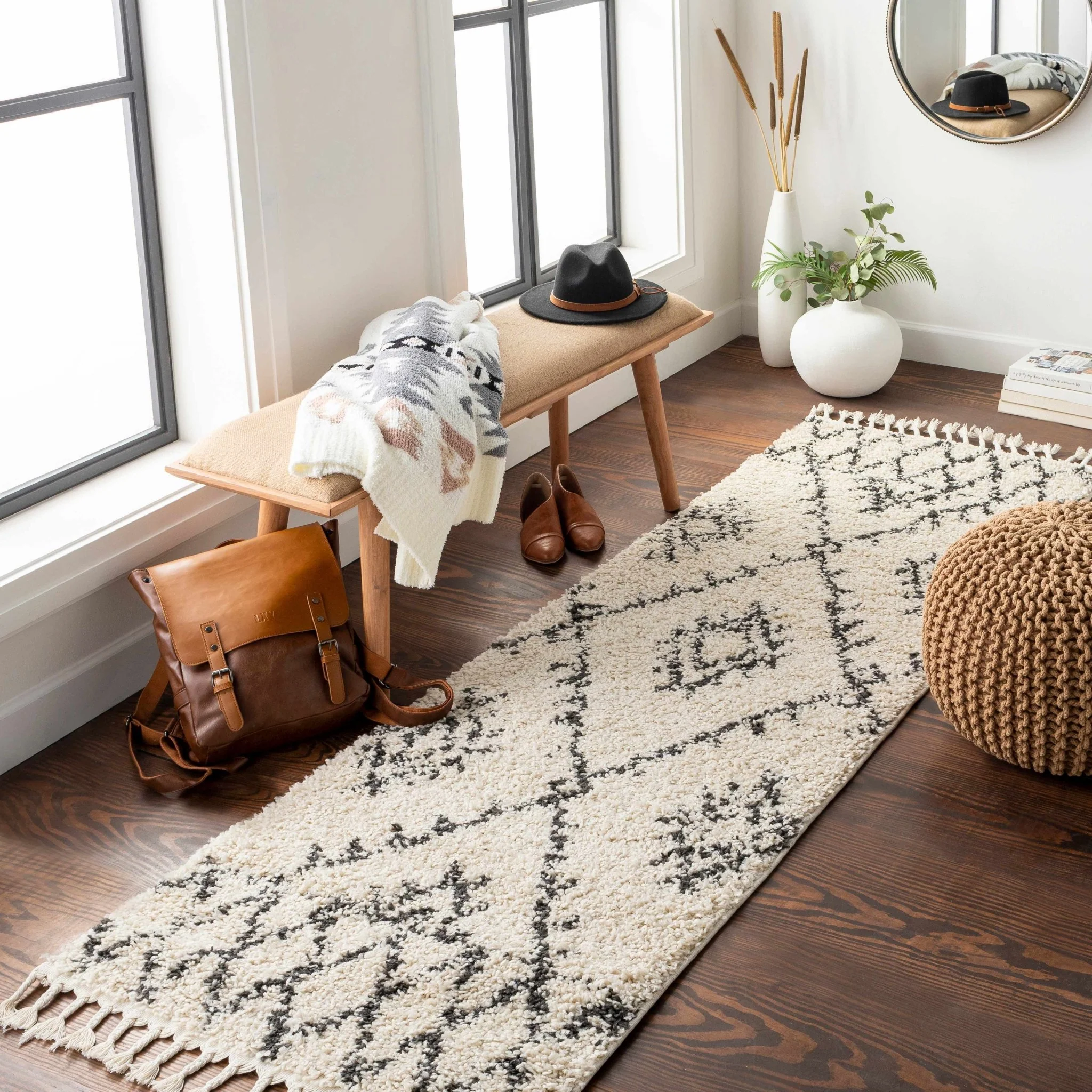 Beige and Charcoal Traditional Geometrical Design Machine Woven Moroccan Multi Size Rug - Image 10