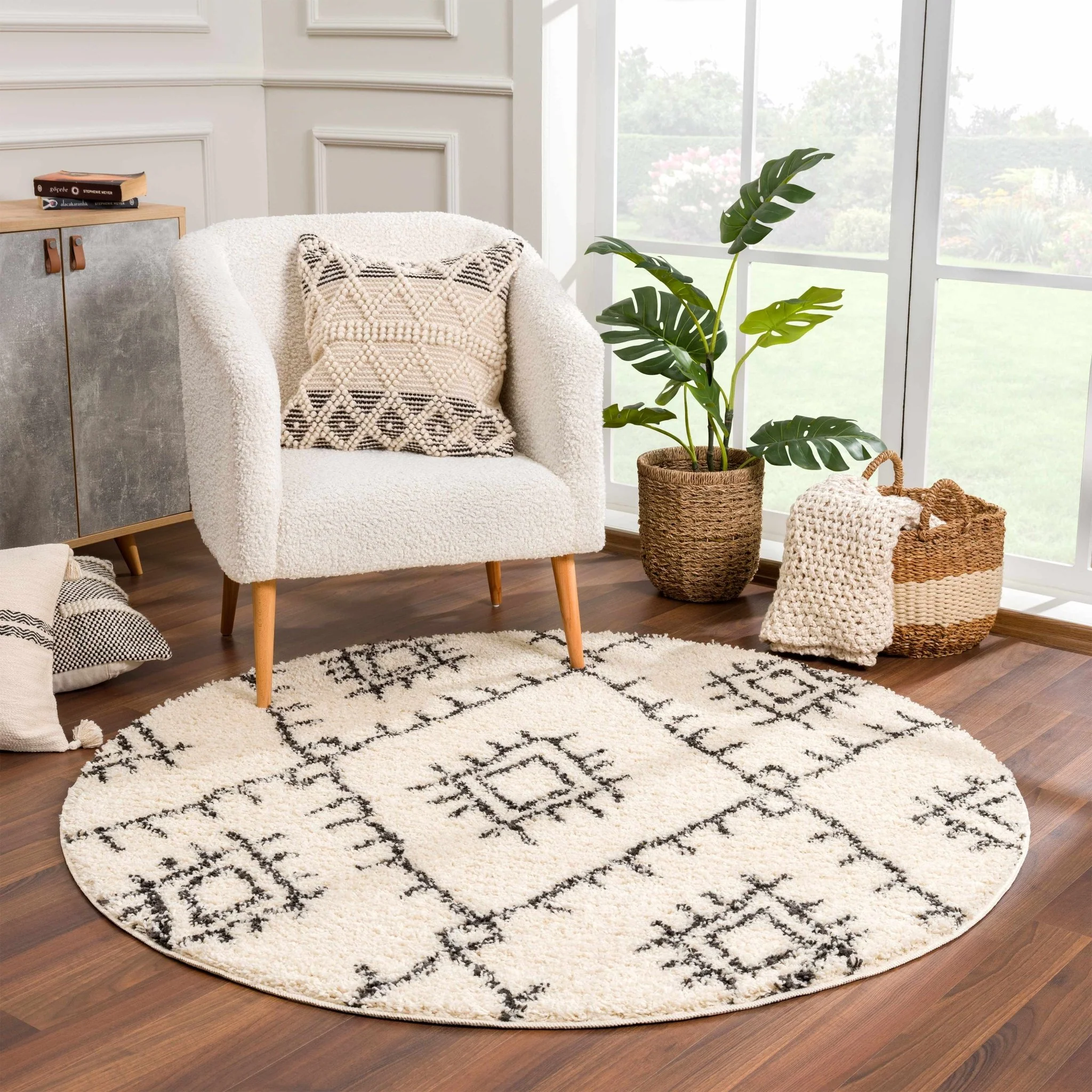 Beige and Charcoal Traditional Geometrical Design Machine Woven Moroccan Multi Size Rug - Image 11