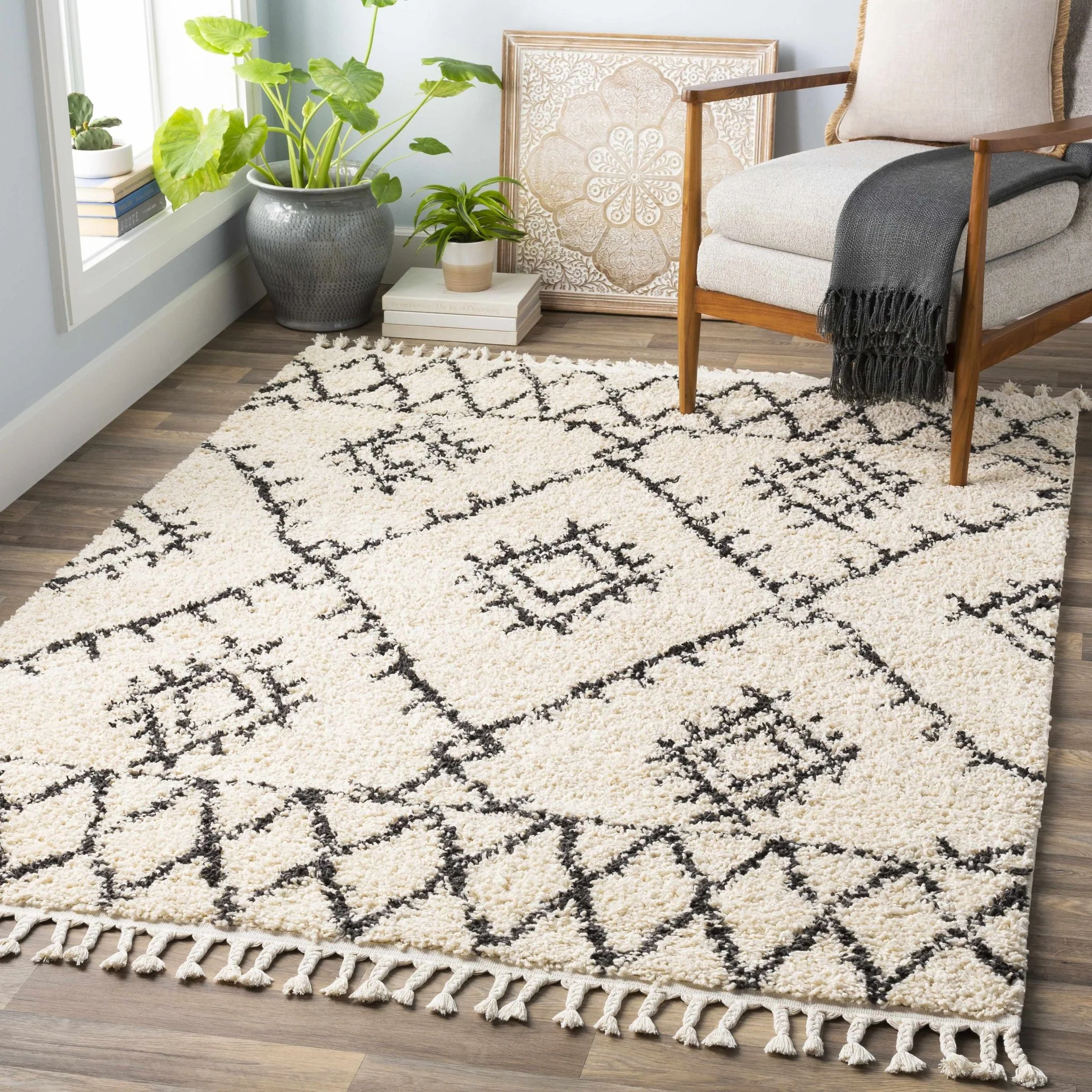 Beige and Charcoal Traditional Geometrical Design Machine Woven Moroccan Multi Size Rug - Image 12
