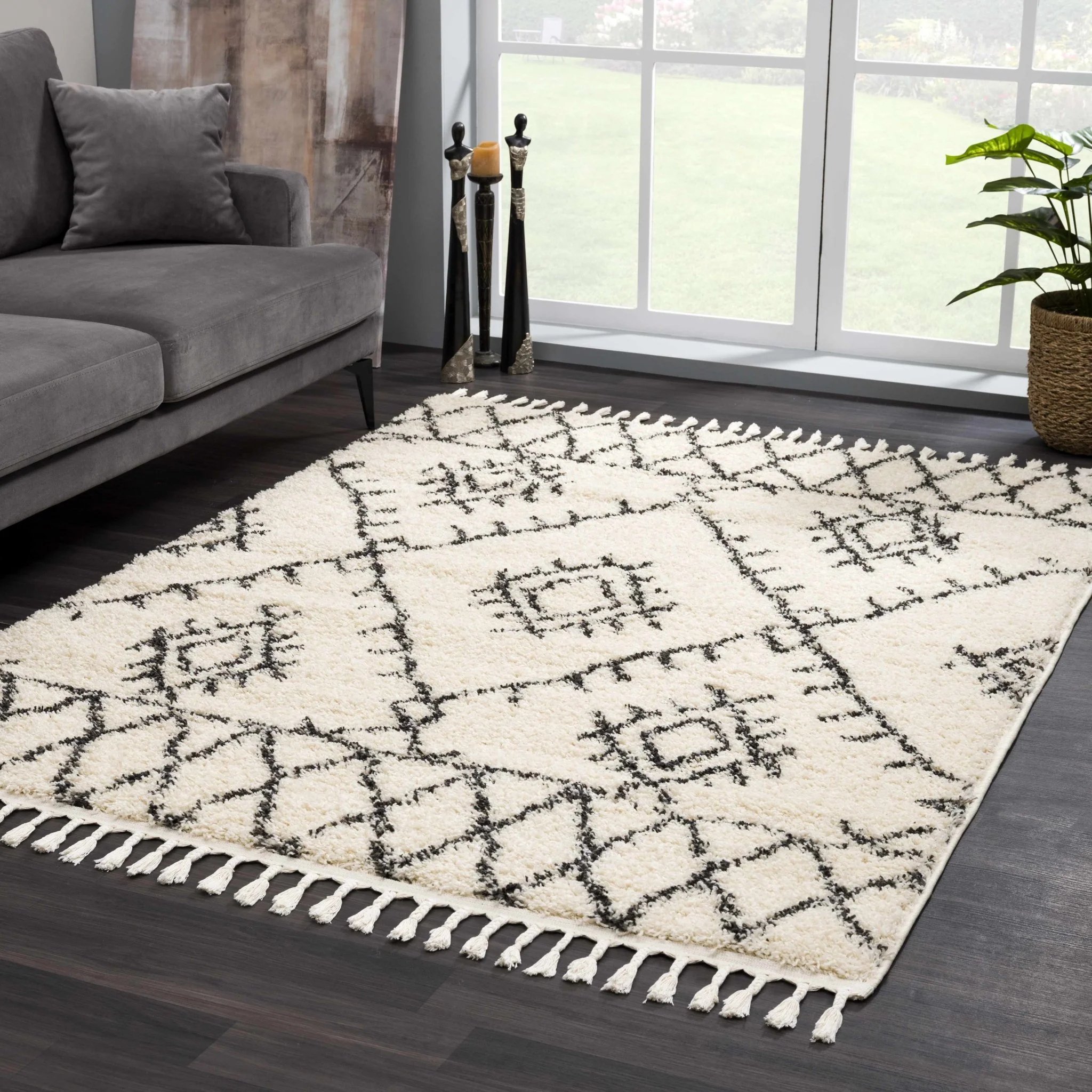 Beige and Charcoal Traditional Geometrical Design Machine Woven Moroccan Multi Size Rug - Image 5