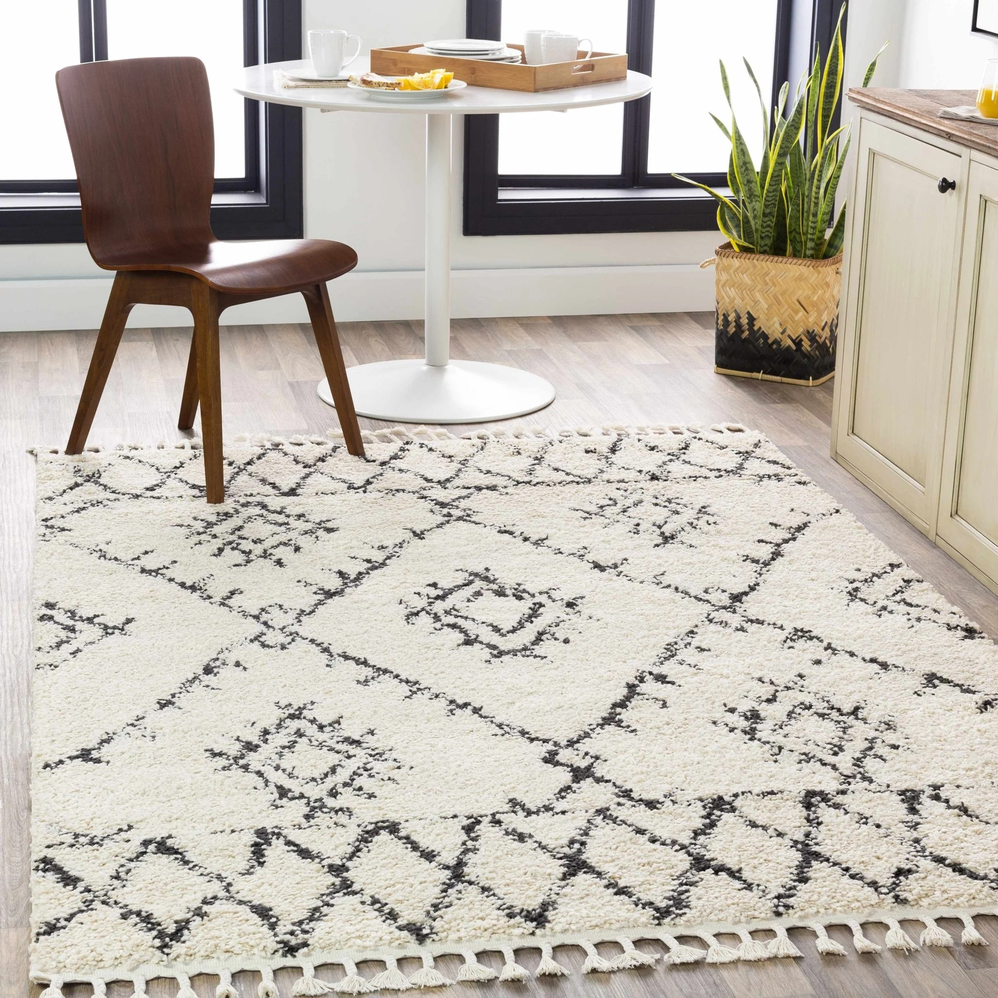Beige and Charcoal Traditional Geometrical Design Machine Woven Moroccan Multi Size Rug - Image 8