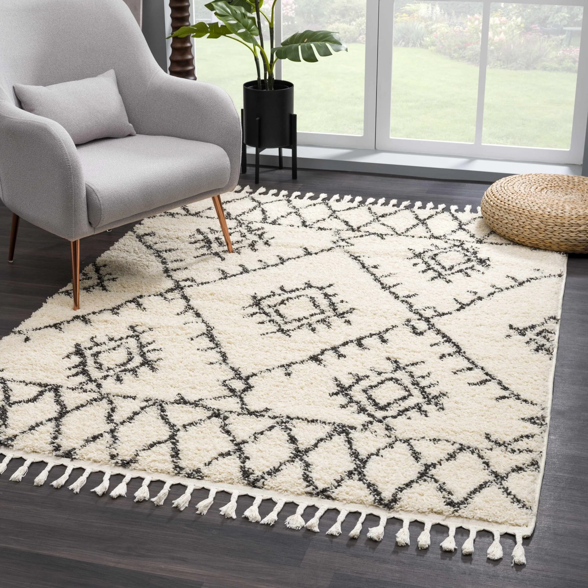 Beige and Charcoal Traditional Geometrical Design Machine Woven Moroccan Multi Size Rug - Image 9