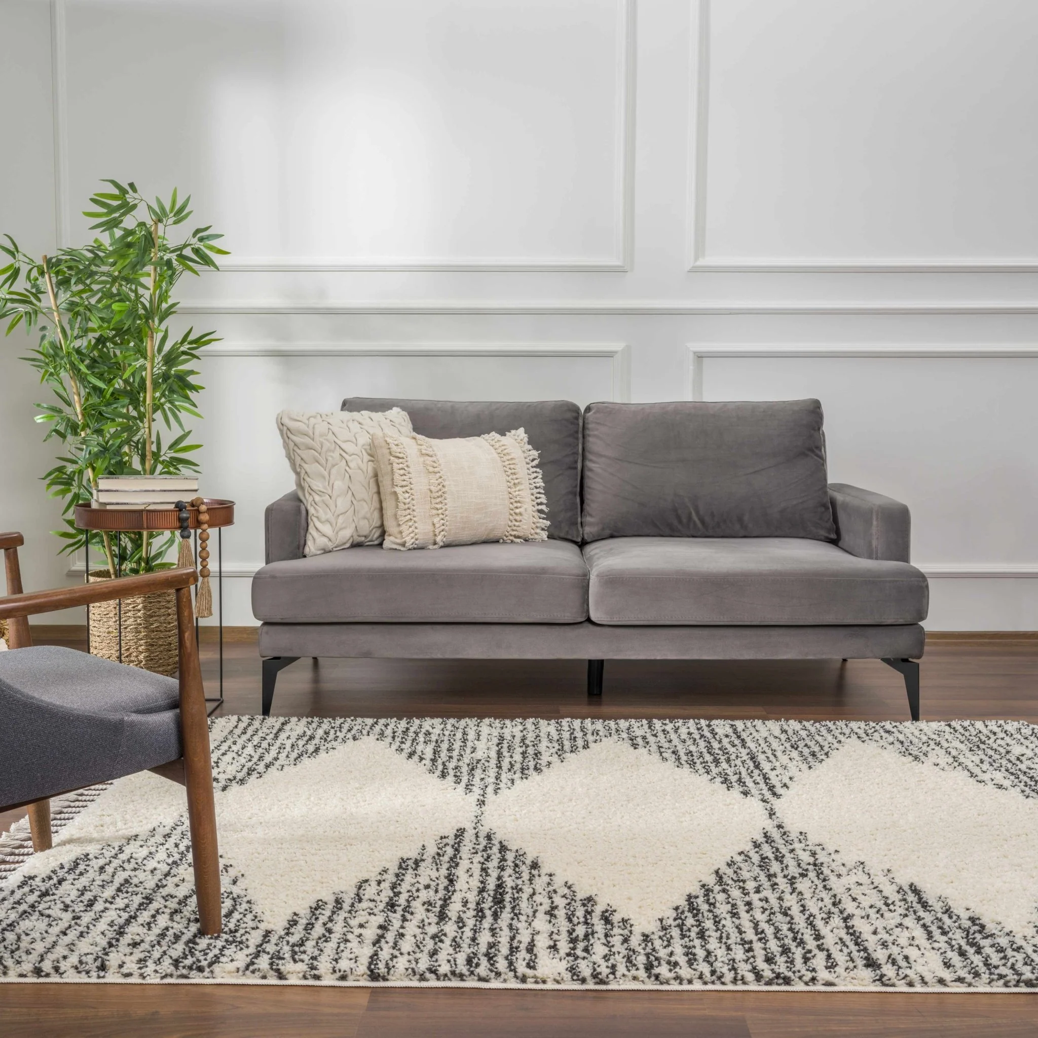 Beige and Charcoal Modern Geometrical Plush Pile Moroccan Style Area Rug - Image 14
